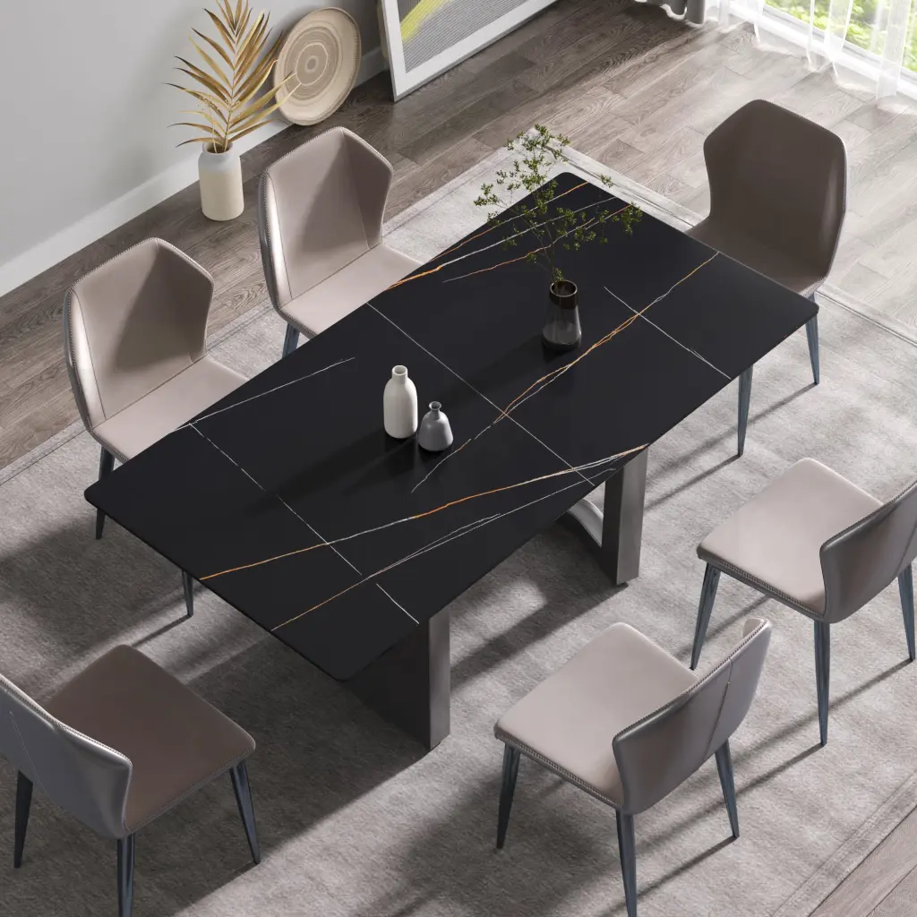 70.87 Inch Modern Artificial Stone Black Straight Edge Dining Table Metal Leg atunus