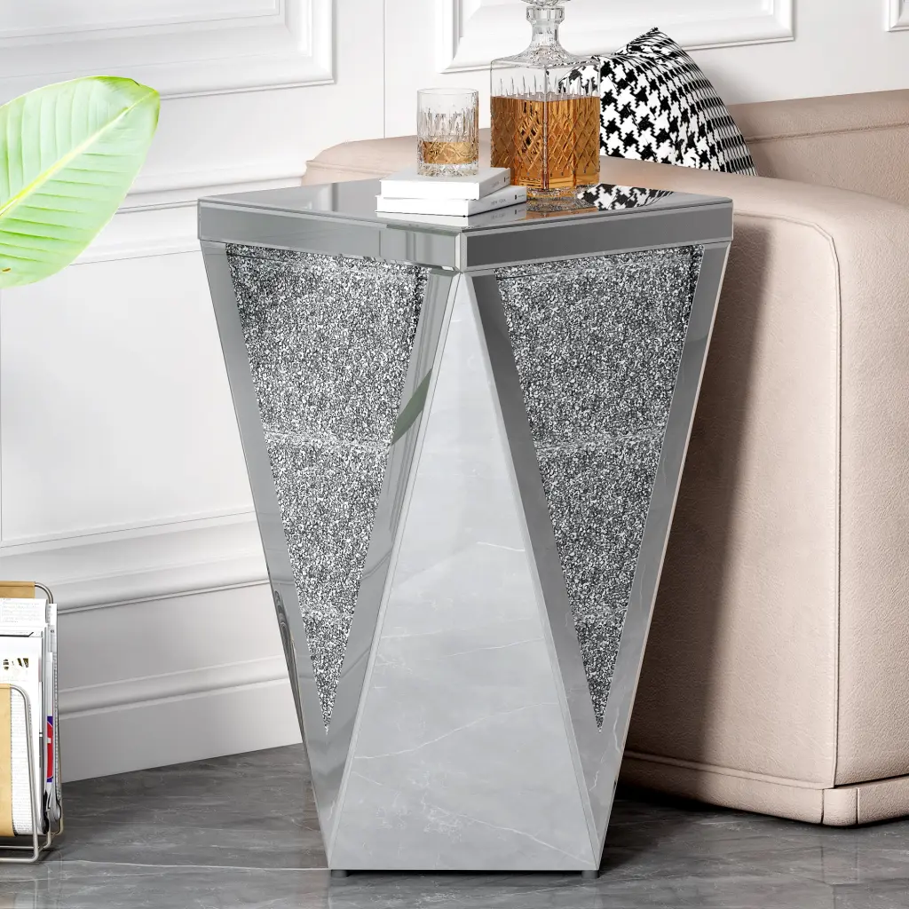 13.8 Inch Silver Square Mirrored End Table Modern Crushed Glass Side Table u-can