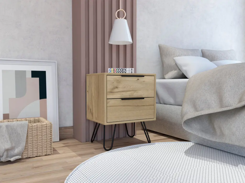 Nuvo 2 Drawer Nightstand Hairpin Legs Light Oak Pine fm furniture