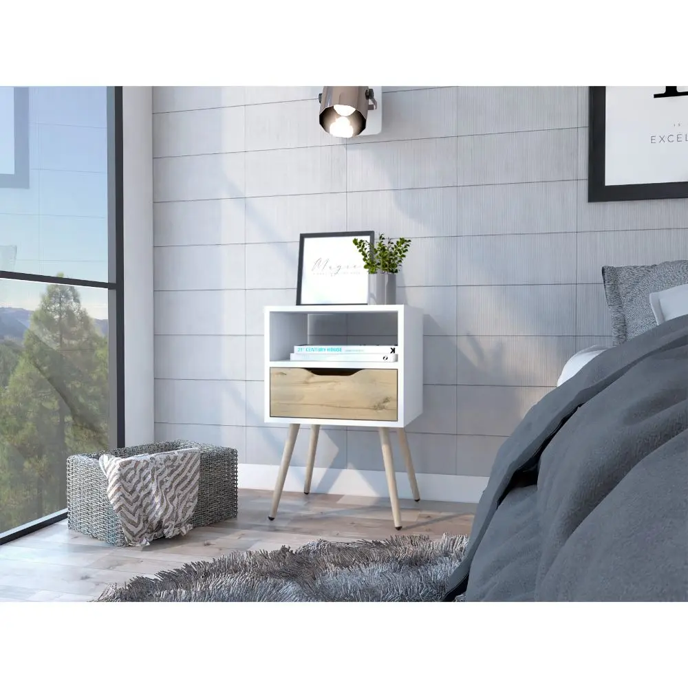 Otom Nightstand Superior Top One Open Shelf One Drawer And Four Legs White Finish tuhome