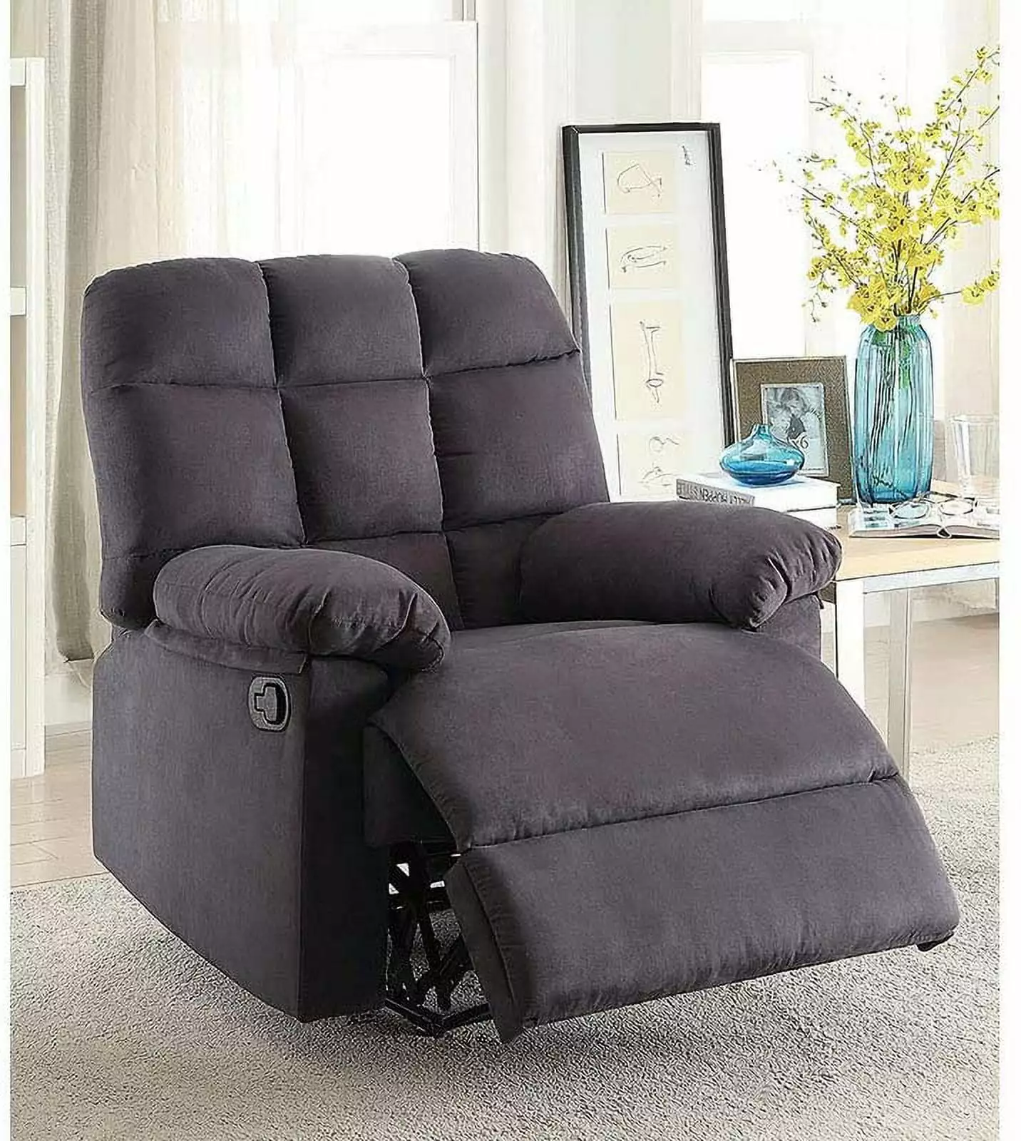 Modern Ebony Microfiber Recliner Chair Square Tufted Back Contemporary Living Room Amazing Choice