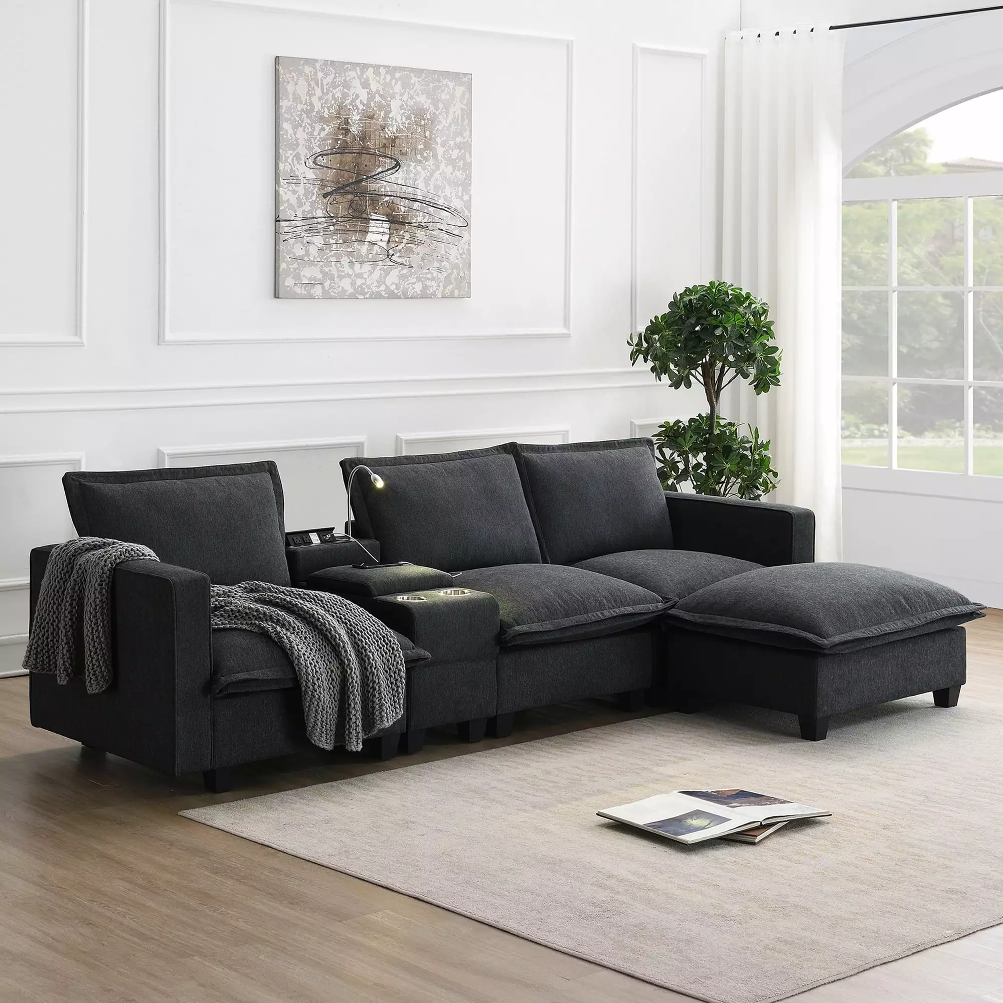 CoSoTower 109x57 Modern Sectional Cloud Sofa Console USB Charging Port Reading Light and Cup Holder