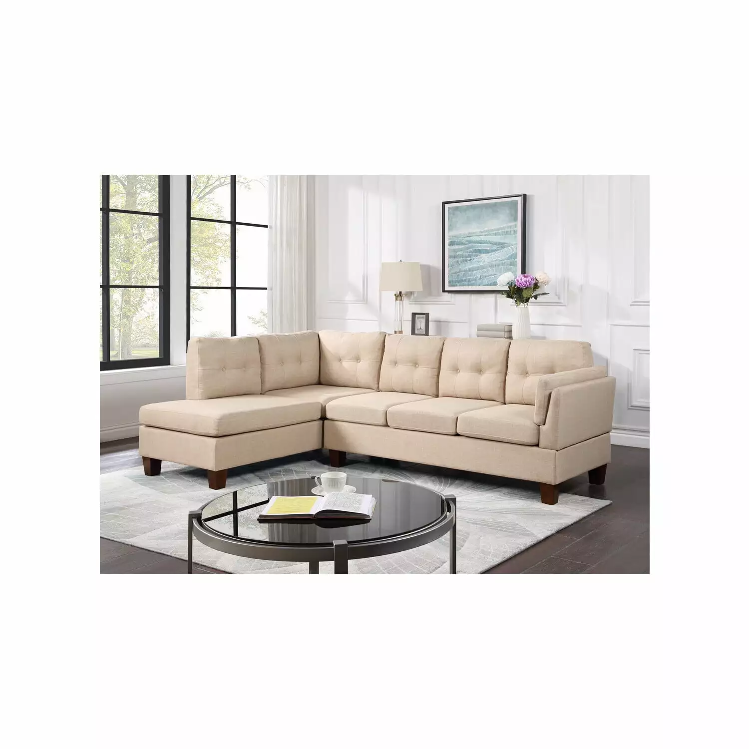 Homestock Khaki Linen Modern Sectional Sofa Left Facing Chaise