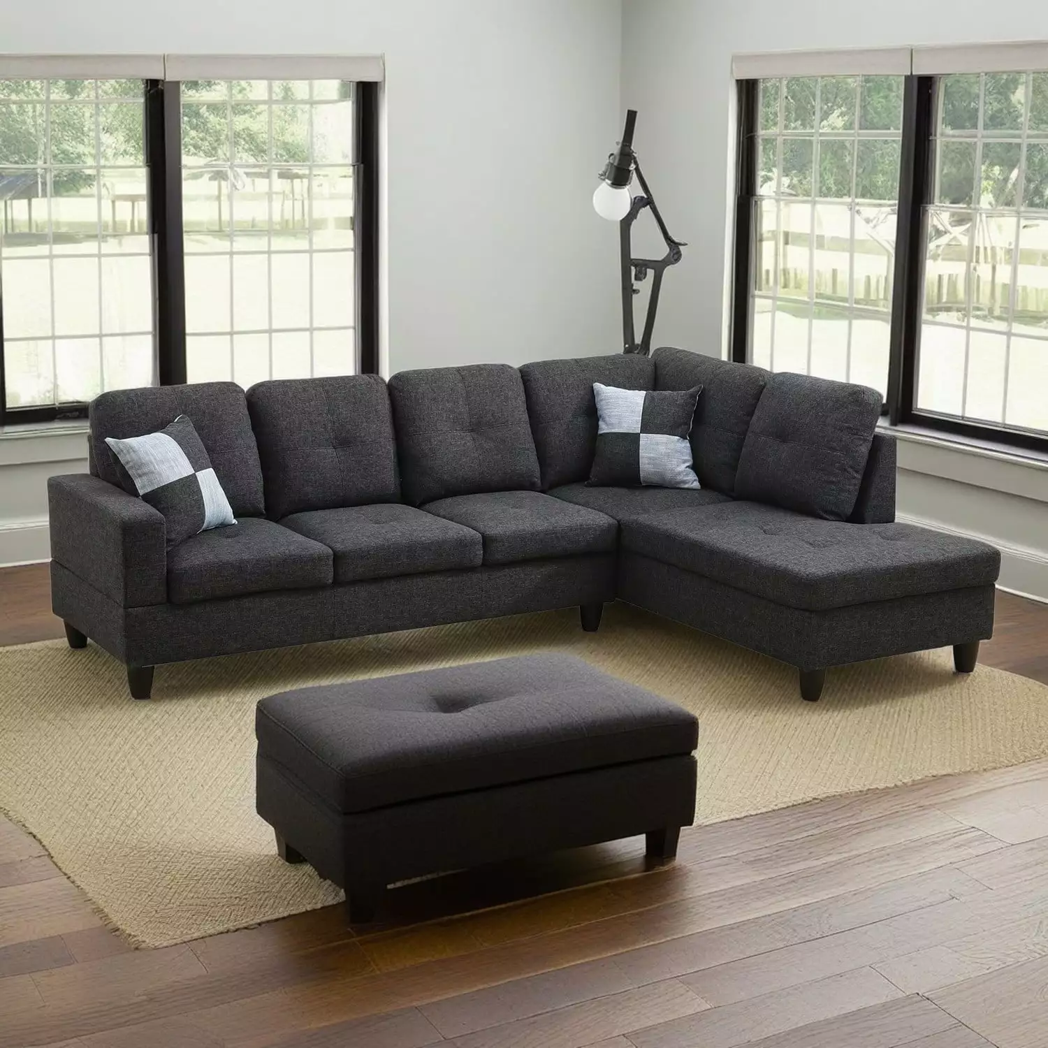 Hommoo Linen Living Room Sectional Couch Sofa Set Black Grey 17.5 Back Height