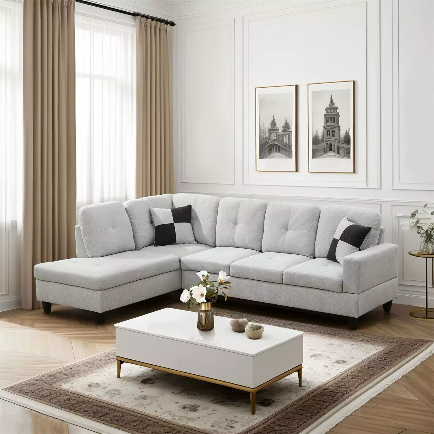 Hommoo Modern Flannel Sectional Sofa Set Living Room Off-White