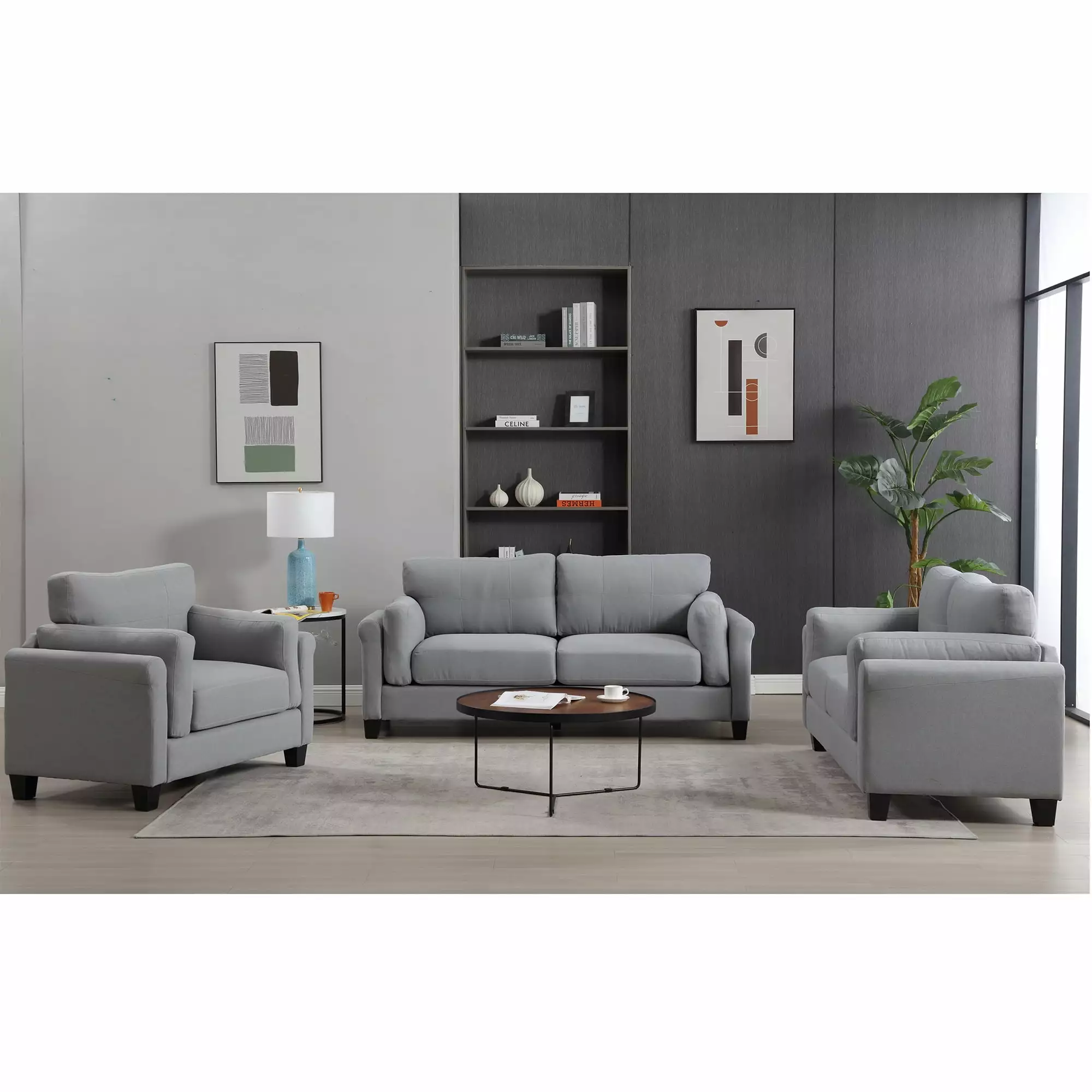 Gexpusm Modern 3 Piece Sofa Set Upholstered Double Arm Sofa USB and Type-C Charging Port Gray