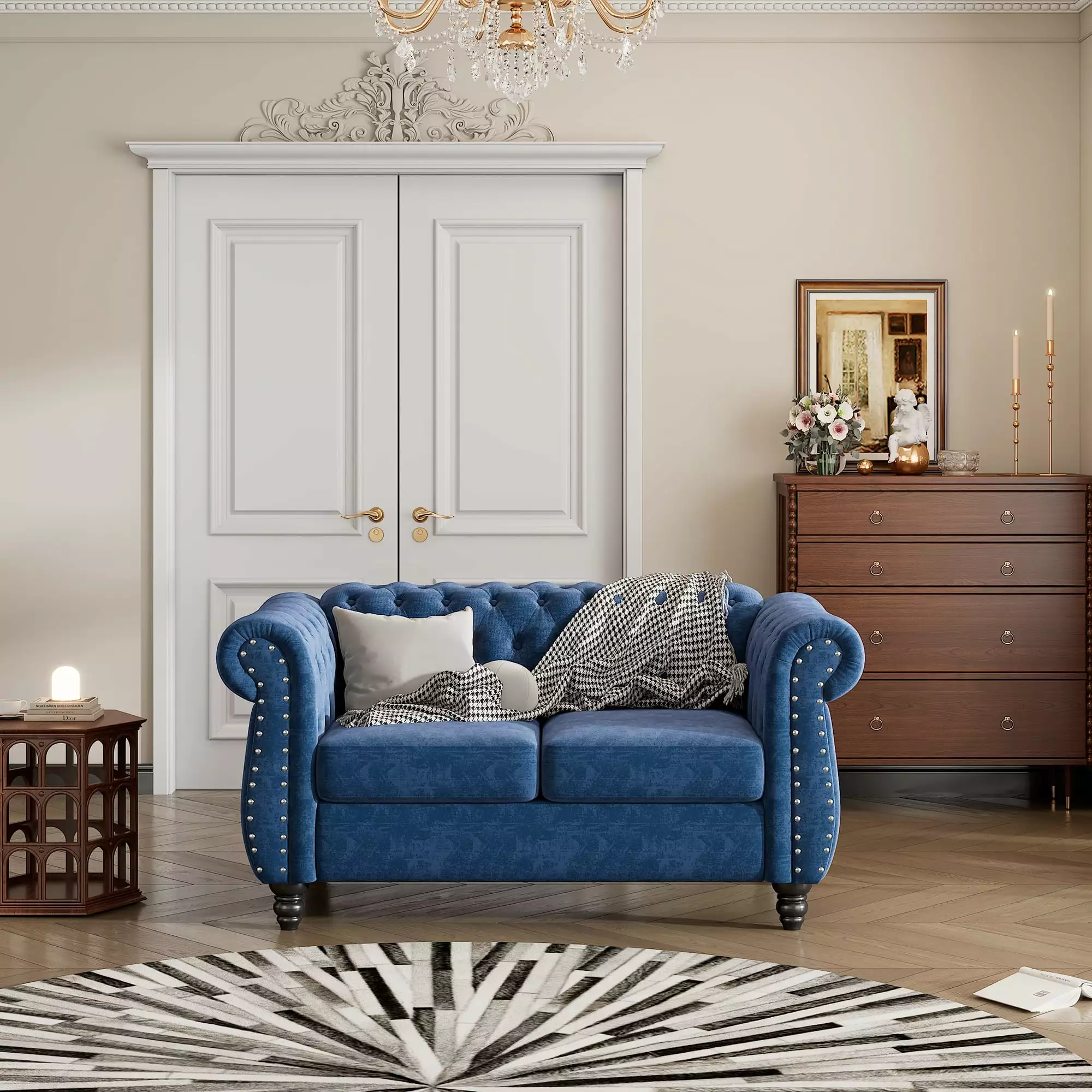 60 Modern Sofa Dutch Plush Upholstered Sofa Solid Wood Legs Buttoned Tufted Backrest Blue CNCJ