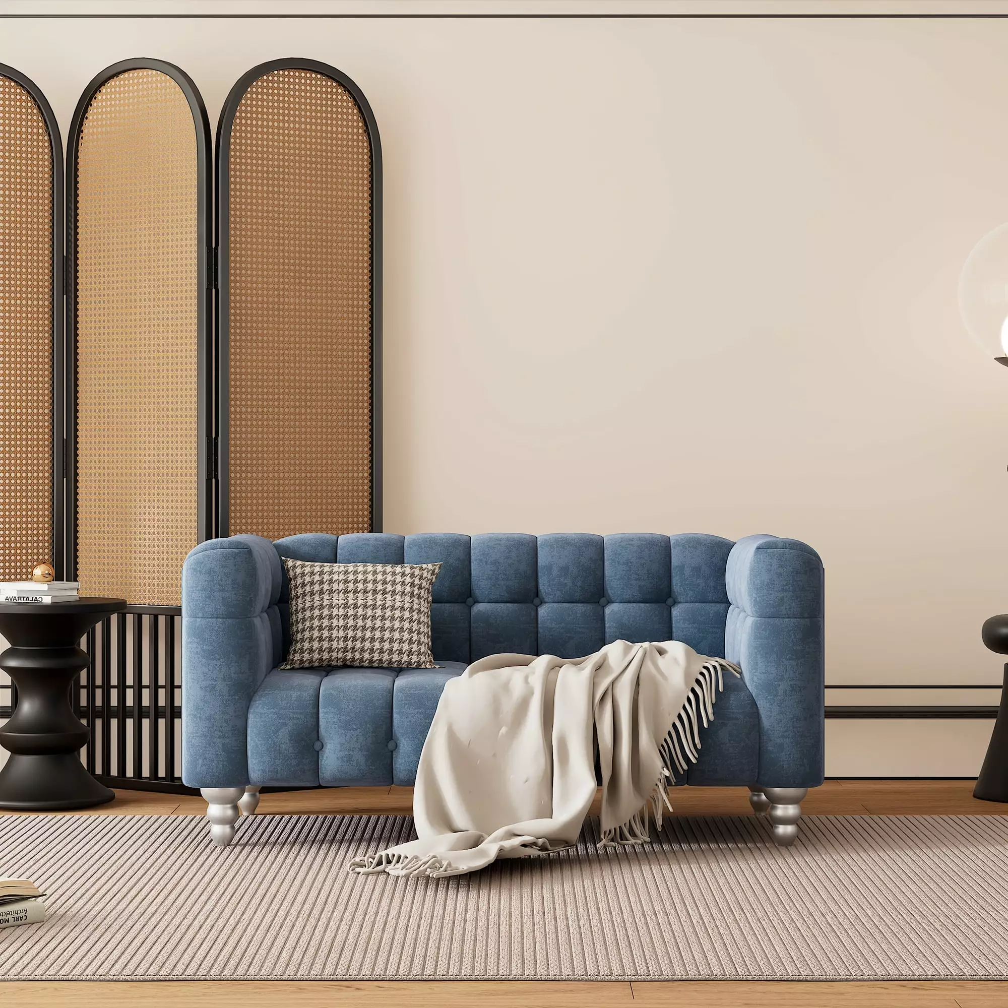 CoSoTower 63 Modern Sofa Dutch Fluff Upholstered Sofa Solid Wood Legs Buttoned Tufted Backrest Blue