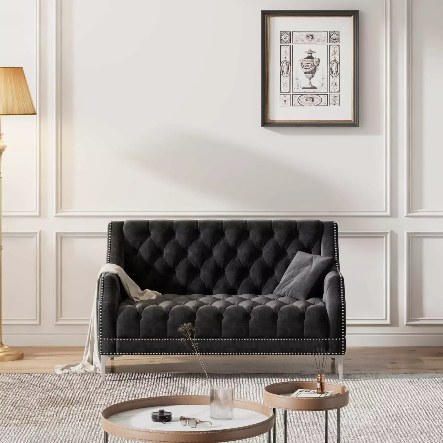 Chic Black Modern Sofa 55.5 Dutch Plush Design Metal Legs Button Tufted Comfort Ideal Furniture Cozy Living Rooms Bedrooms...