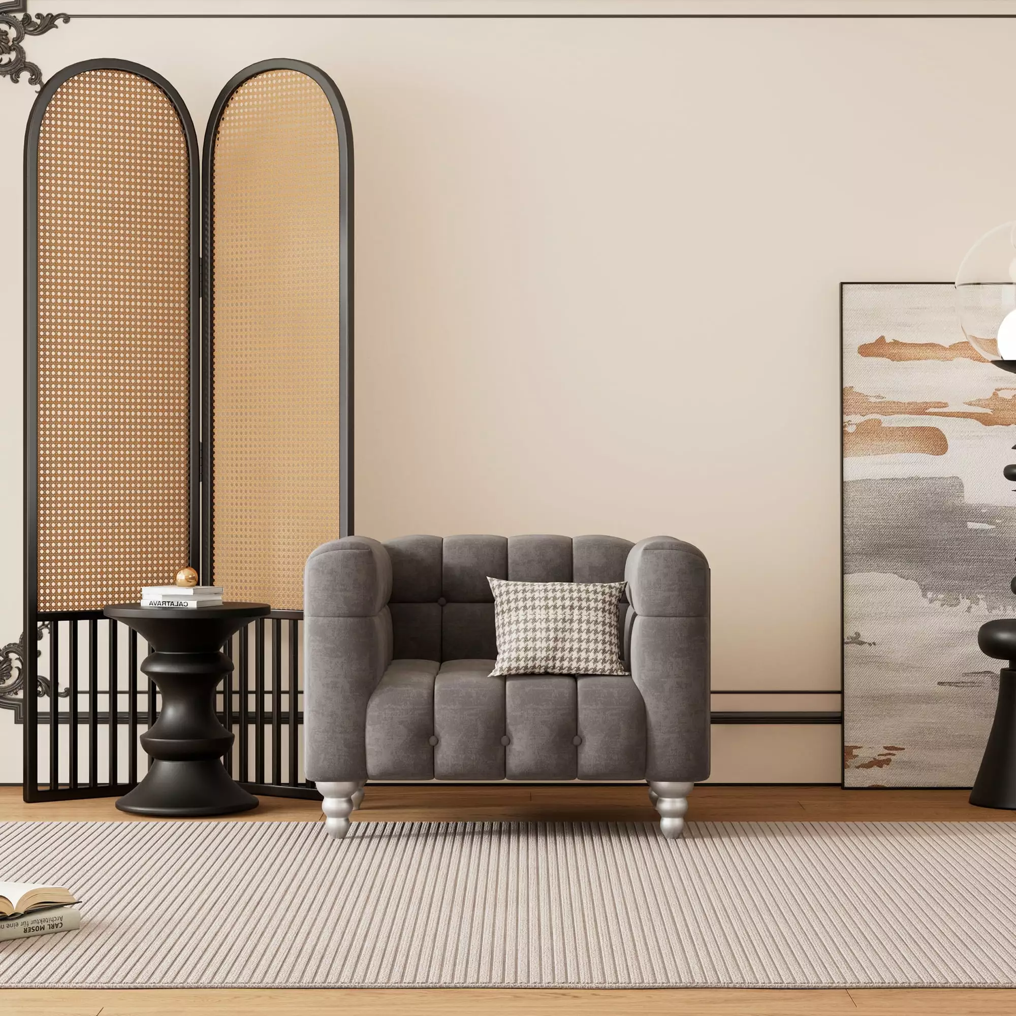 42 Modern Dutch Fluff Upholstered Sofa Solid Wood Legs and Buttoned Tufted Backrest - Gray Jamini