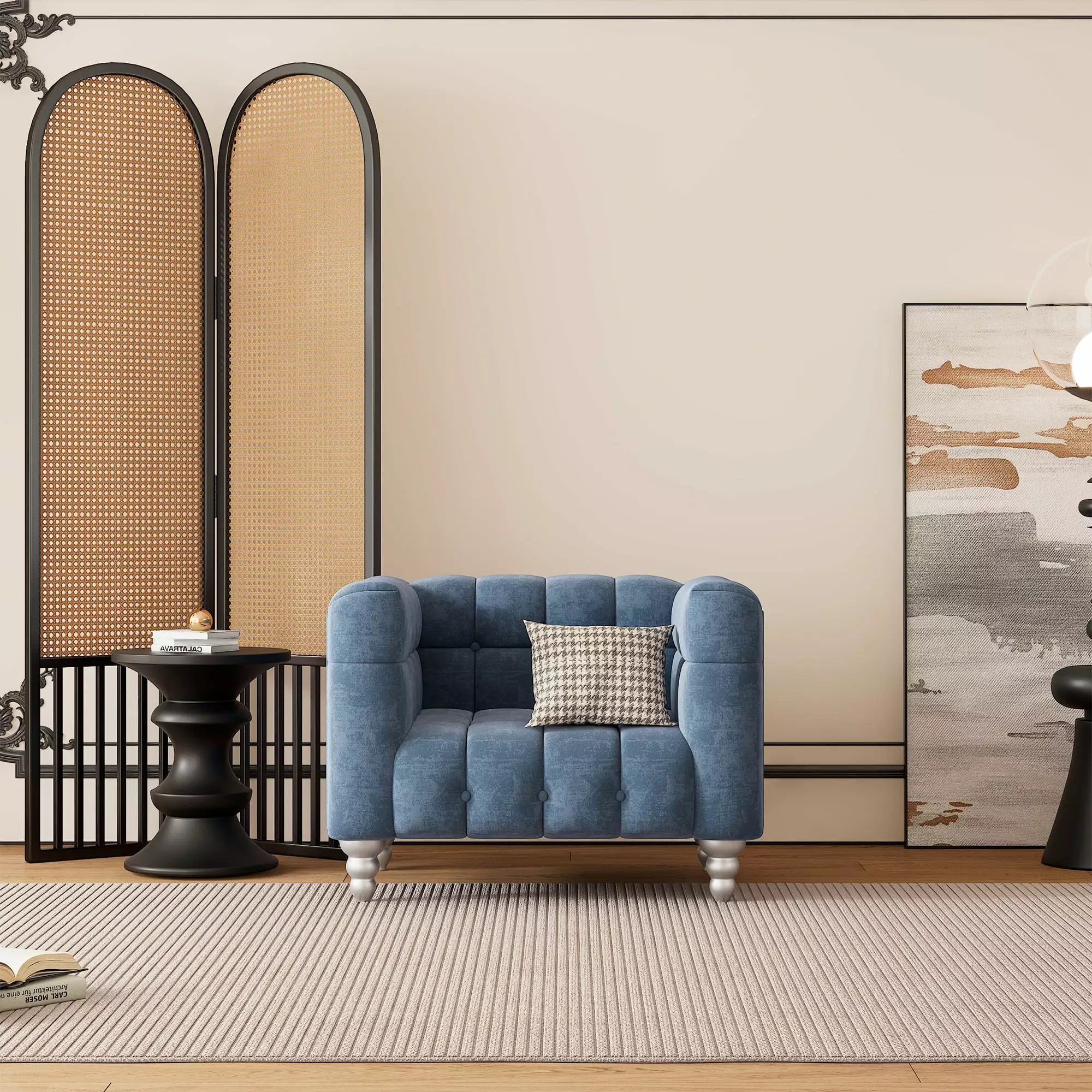 42 Modern Dutch Fluff Upholstered Sofa Solid Wood Legs and Buttoned Tufted Backrest - Blue Jamini
