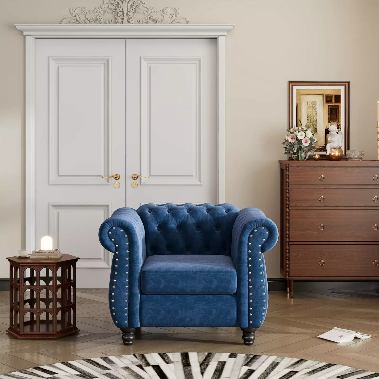39 Modern Dutch Plush Upholstered Sofa Solid Wood Legs and Buttoned Tufted Backrest Blue Miekor