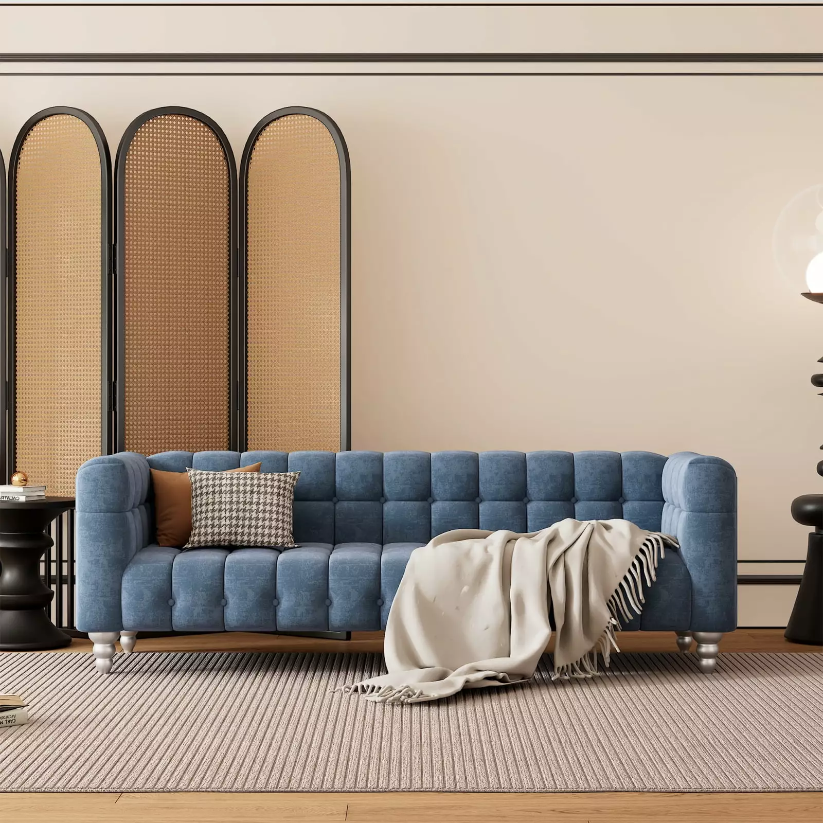89 Modern Sofa - Dutch Fluff Upholstered Sofa Solid Wood Legs and Buttoned Tufted Backrest Blue Miekor