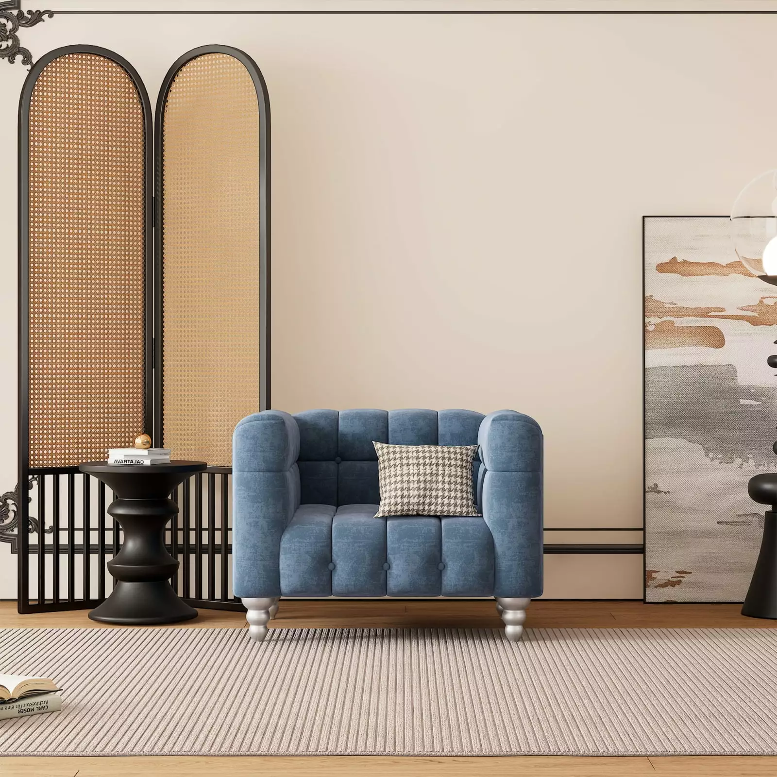 42 Modern Sofa Dutch Fluff Upholstered Sofa Solid Wood Legs and Buttoned Tufted Backrest Blue Miekor