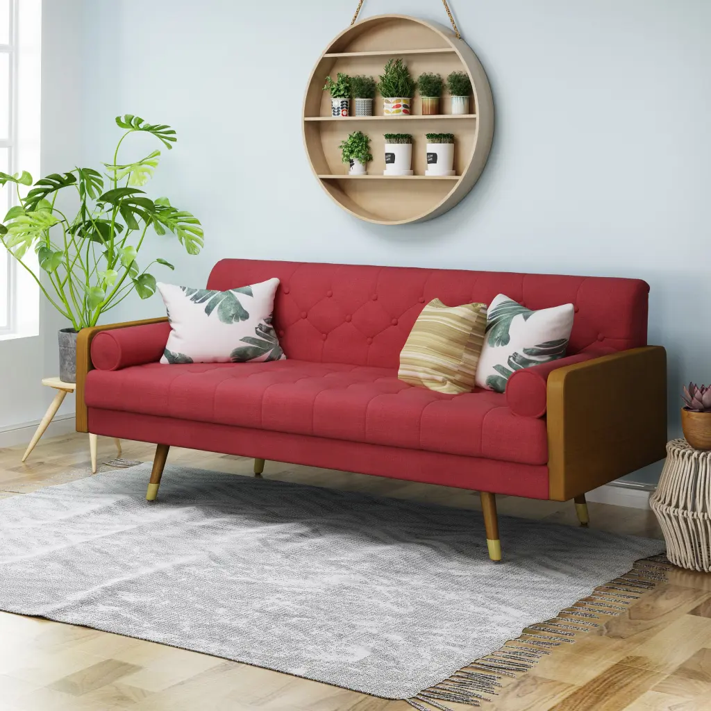 Aidan Mid Century Modern Tufted Fabric Sofa Red Fabric nh-inmax