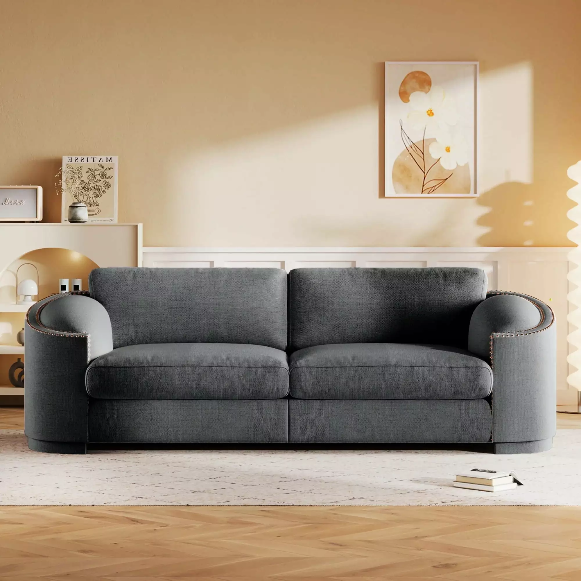U_Style Stylish Sofa Semilunar Arm Rivet Detailing and Solid Frame Living Room U Style