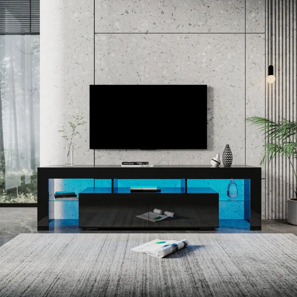 Modern Gloss Black TV Stand 80 Inch TV 20 Color LED Lights joysource furniture