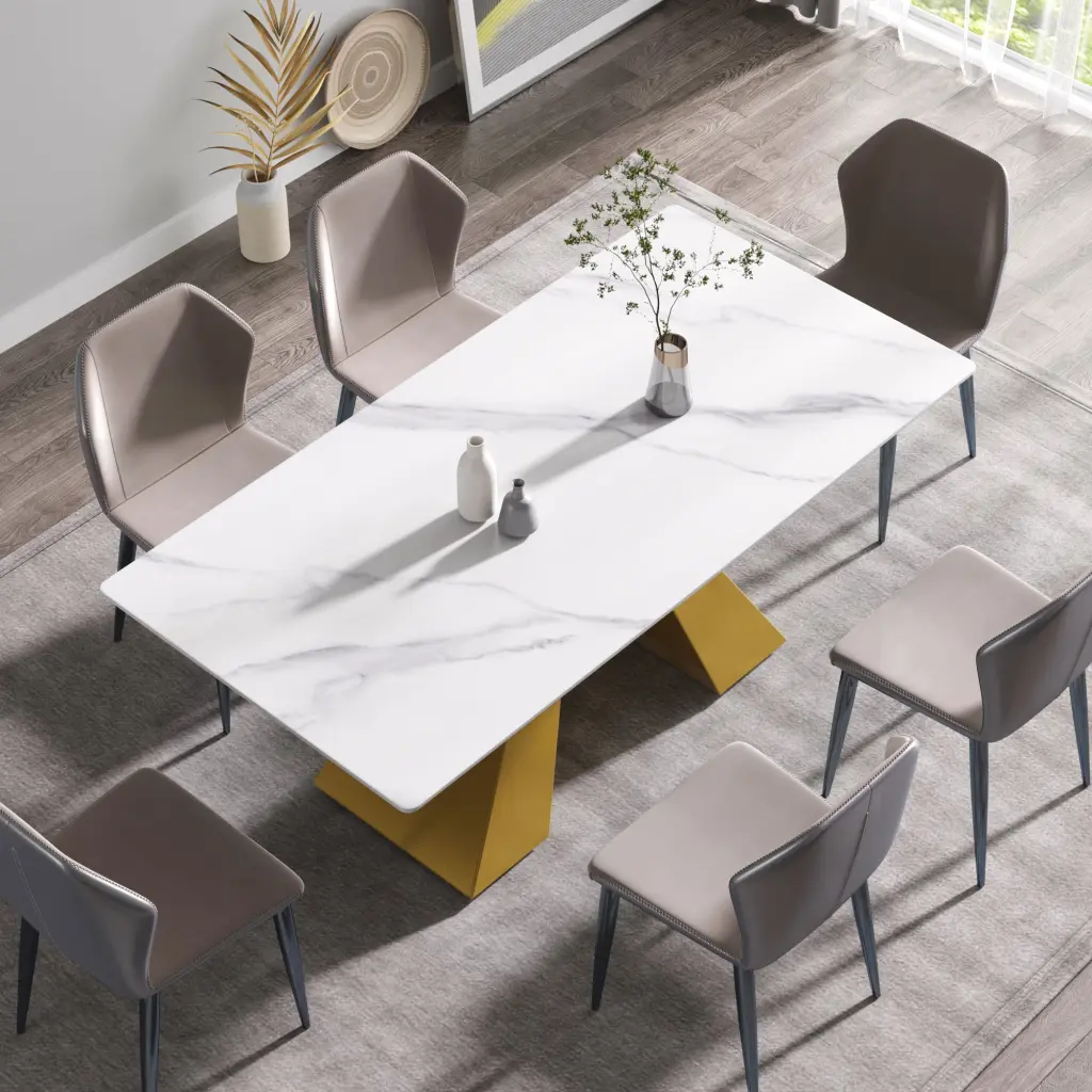 70.87 Inch Modern Artificial Stone White Straight Edge Golden Metal Leg Dining Table atunus