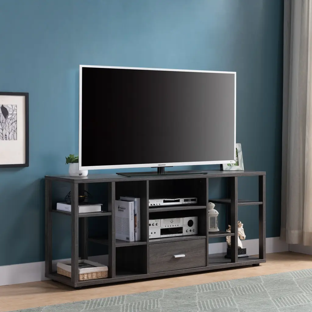 Contemporary Grey TV Stand 10 Shelves and 1 Drawer 60x69 Inches id international- inc.