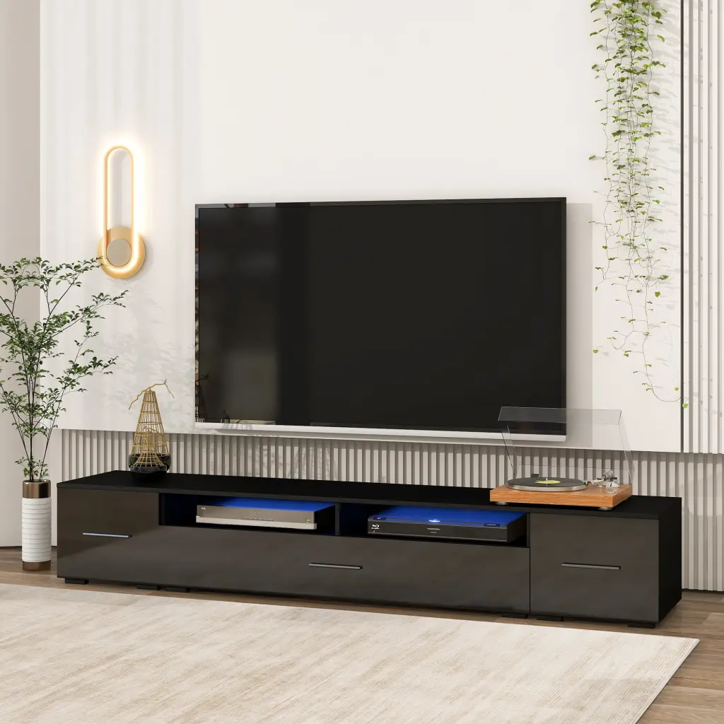 Extended Minimalist Design TV Stand Color Changing LED Lights Modern Entertainment Center on-trend