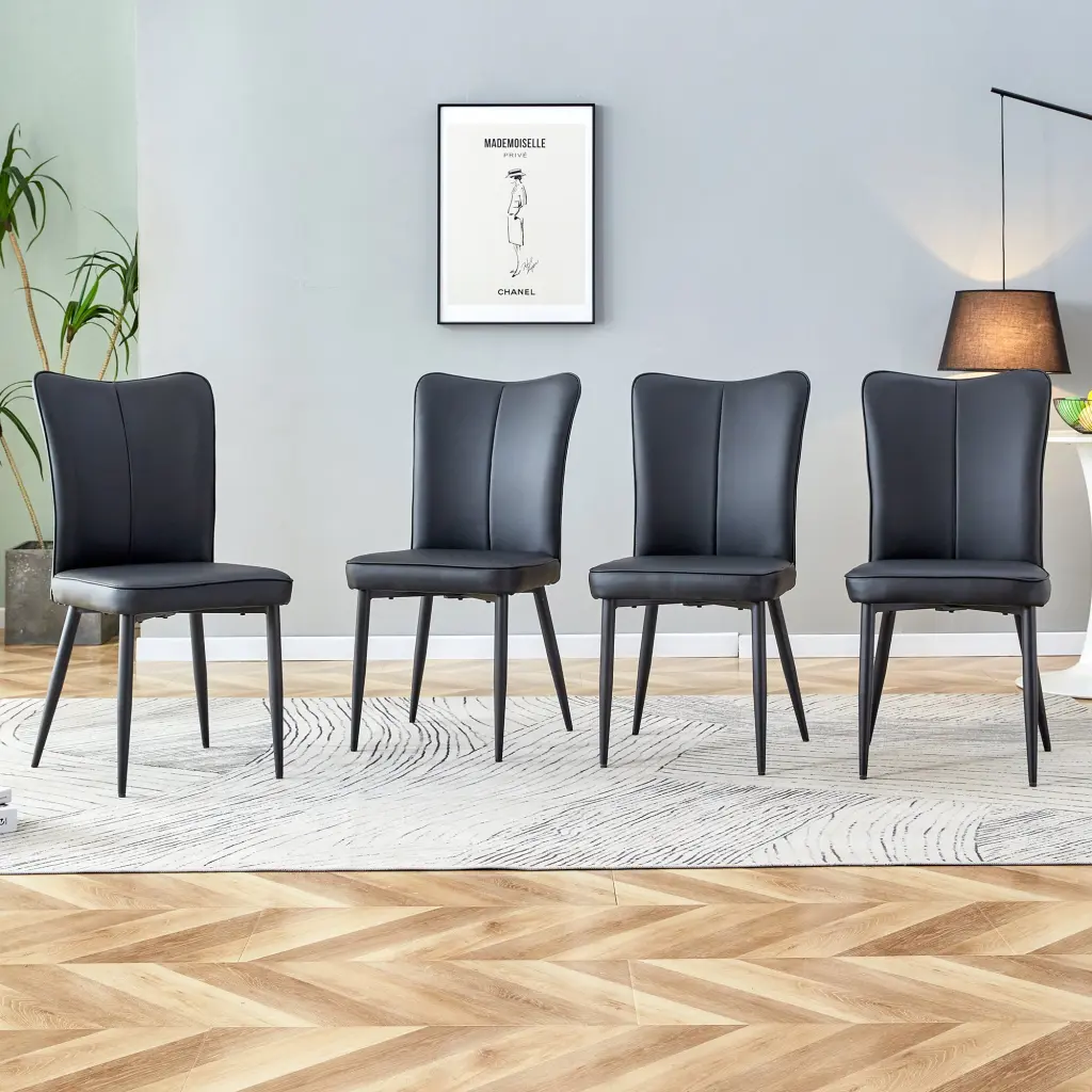 Modern Minimalist Dining Chairs Black PU Leather Curved Backrest rnb