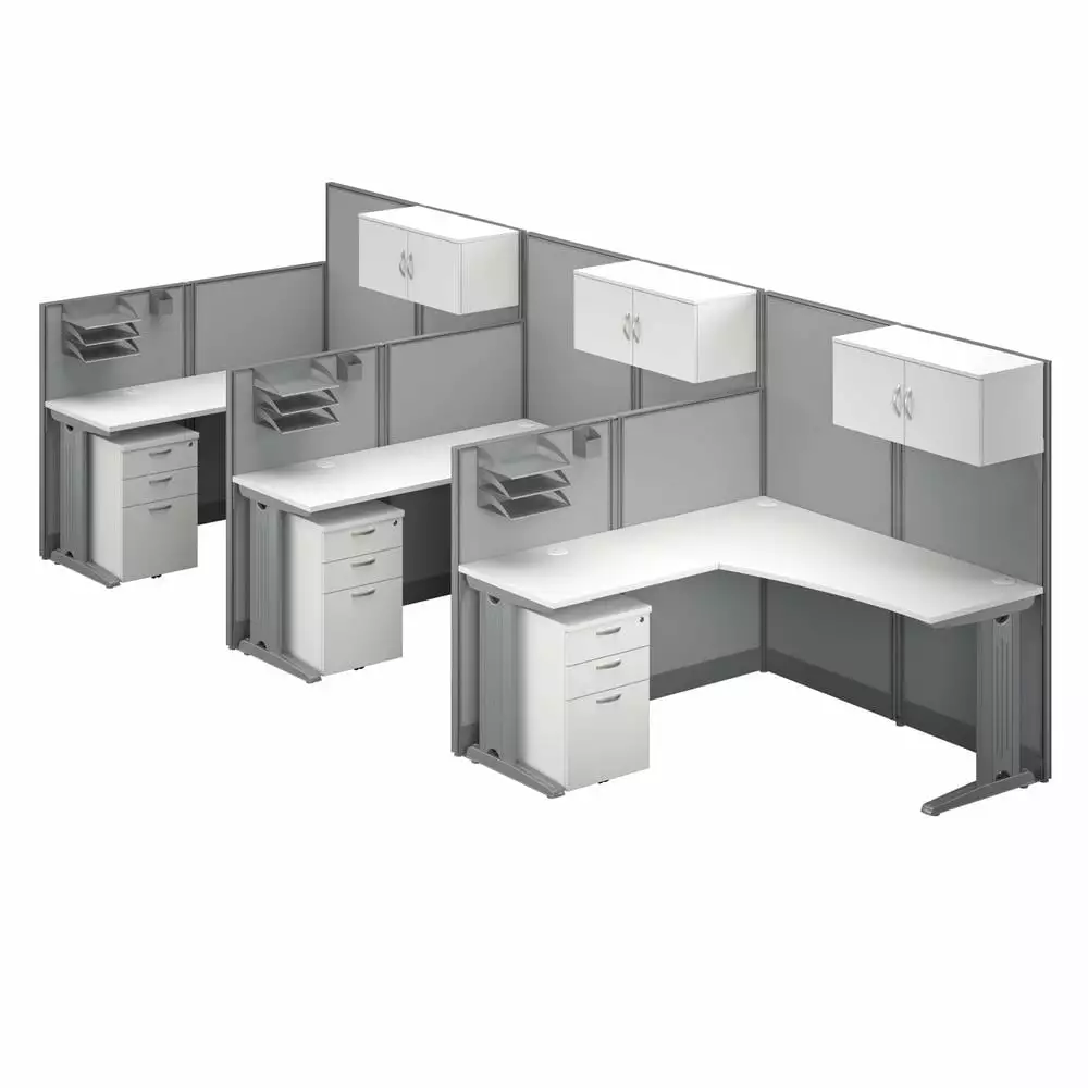 Office Hour 3 Person L Cubicle Desk Set Pure White Engineered Wood Bush Business Furniture