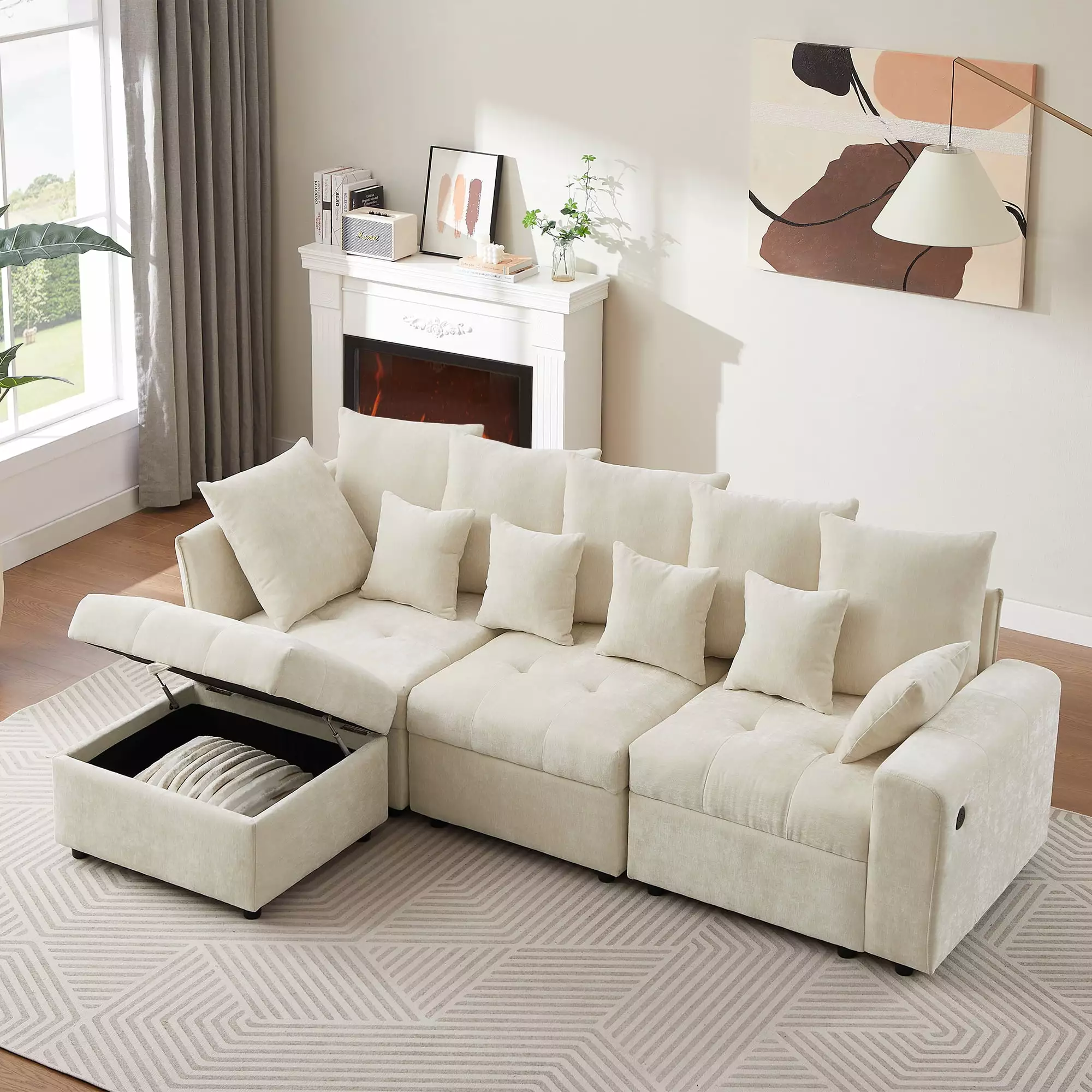 DeeHome 96.45 Inch Modular Sectional Sofa USB Ports Storage Ottoman and Back Pillows Beige