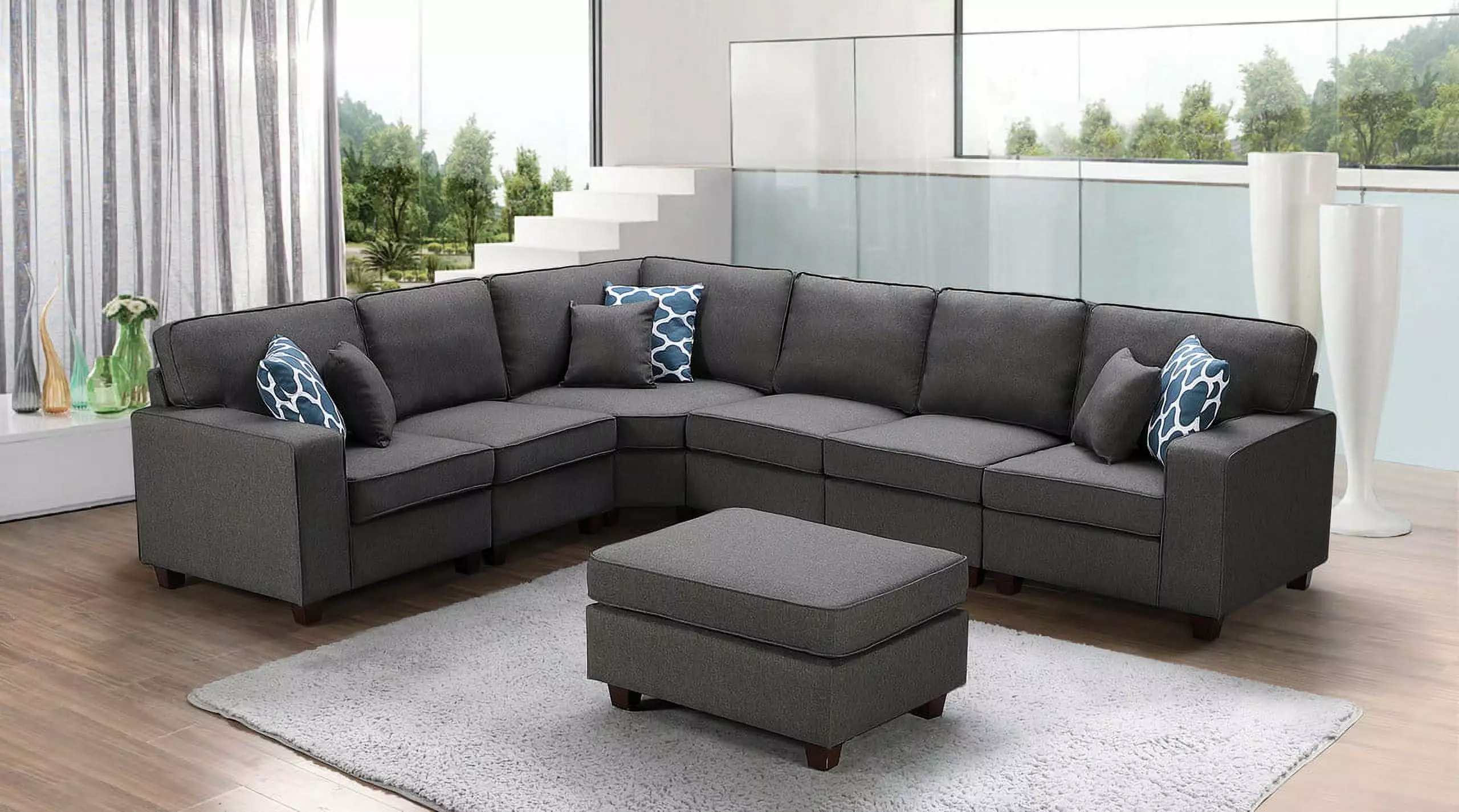 DeeHome Casanova 124 Dark Gray Linen 7-Piece Modular Sectional Sofa Ottoman Modern Home