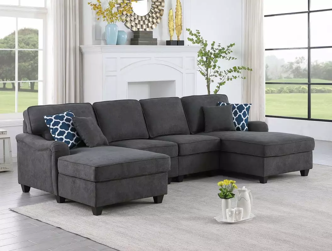 DeeHome Leo Modular Sectional Sofa 4 Piece Dark Gray Woven Fabric Double Chaise Living Room Sofa