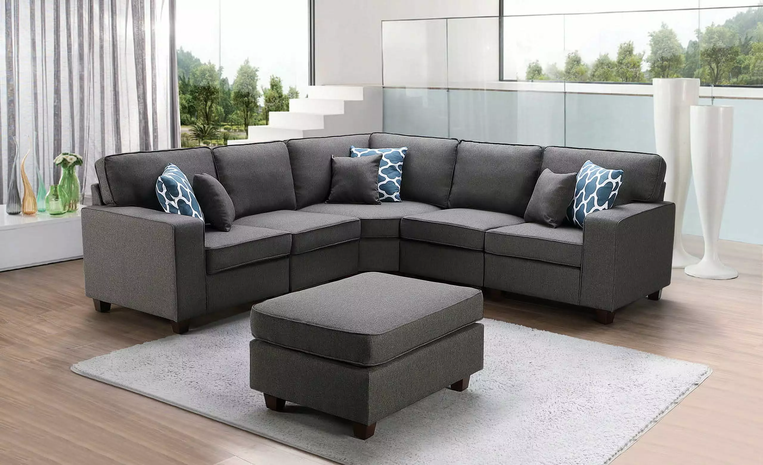 DeeHome Sonoma 98 Dark Gray Linen 6Pc Modular Sectional Sofa and Ottoman Set