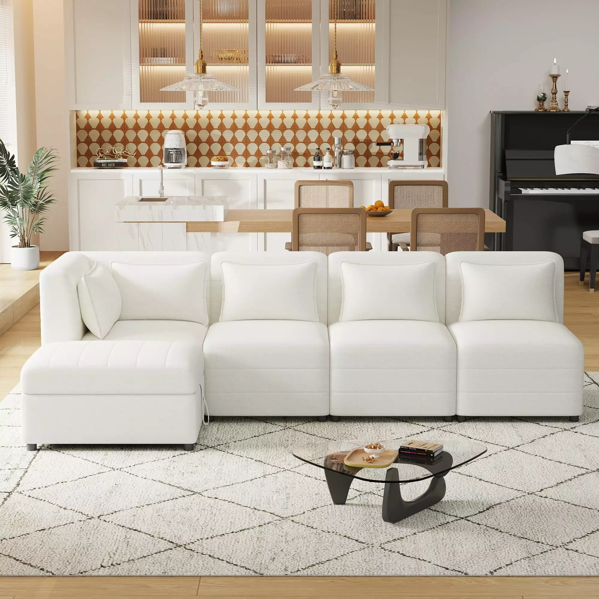 Free-Combined 5-Seater Modular Sectional Sofa Storage Ottoman and 5 Pillows Living Room Bedroom Office Cream Ghislaine