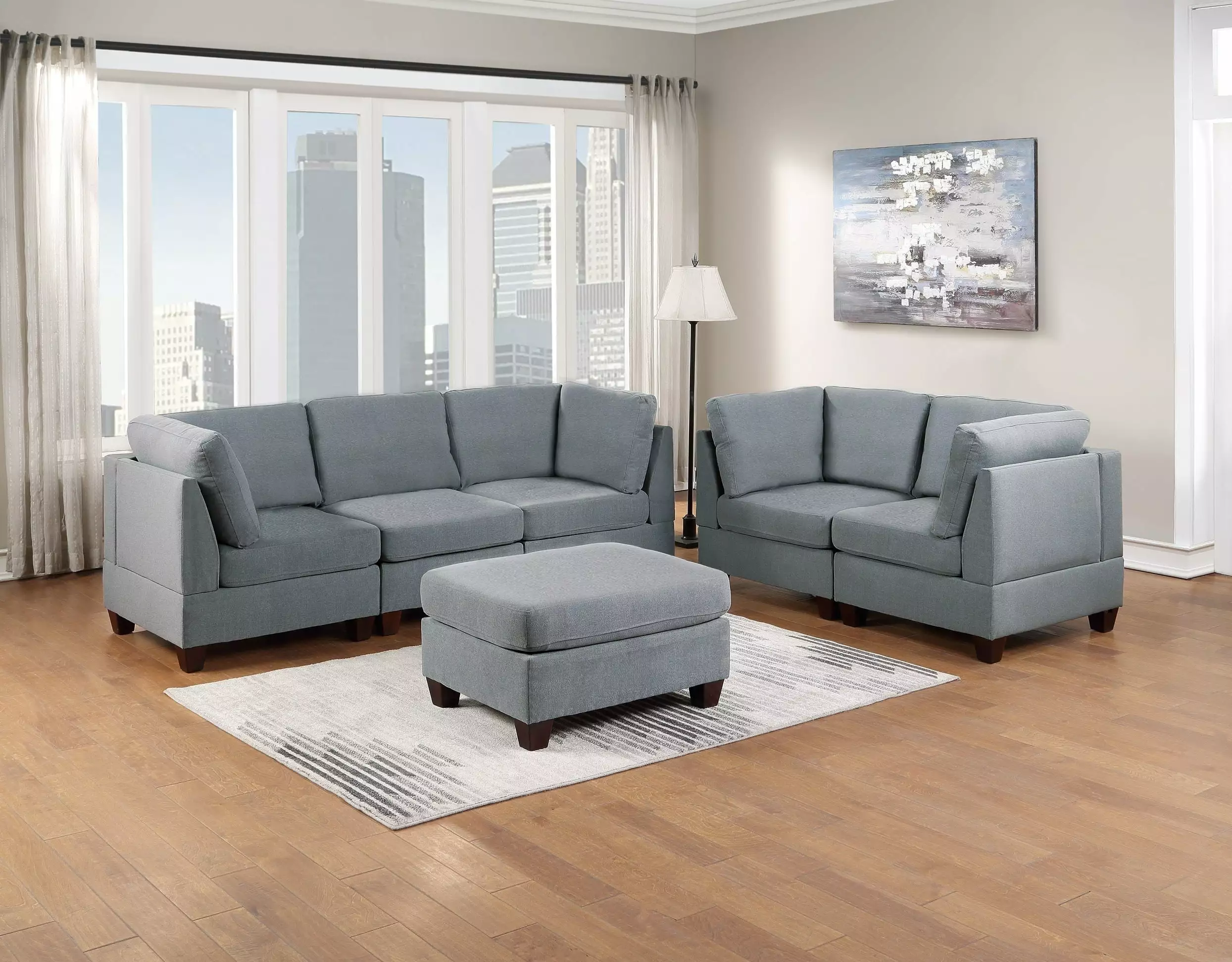 Ama Modular Sectional 6pc Set 3x Corner Wedge 2x Armless Chairs and 1x Ottoman Gray Go Green Woods