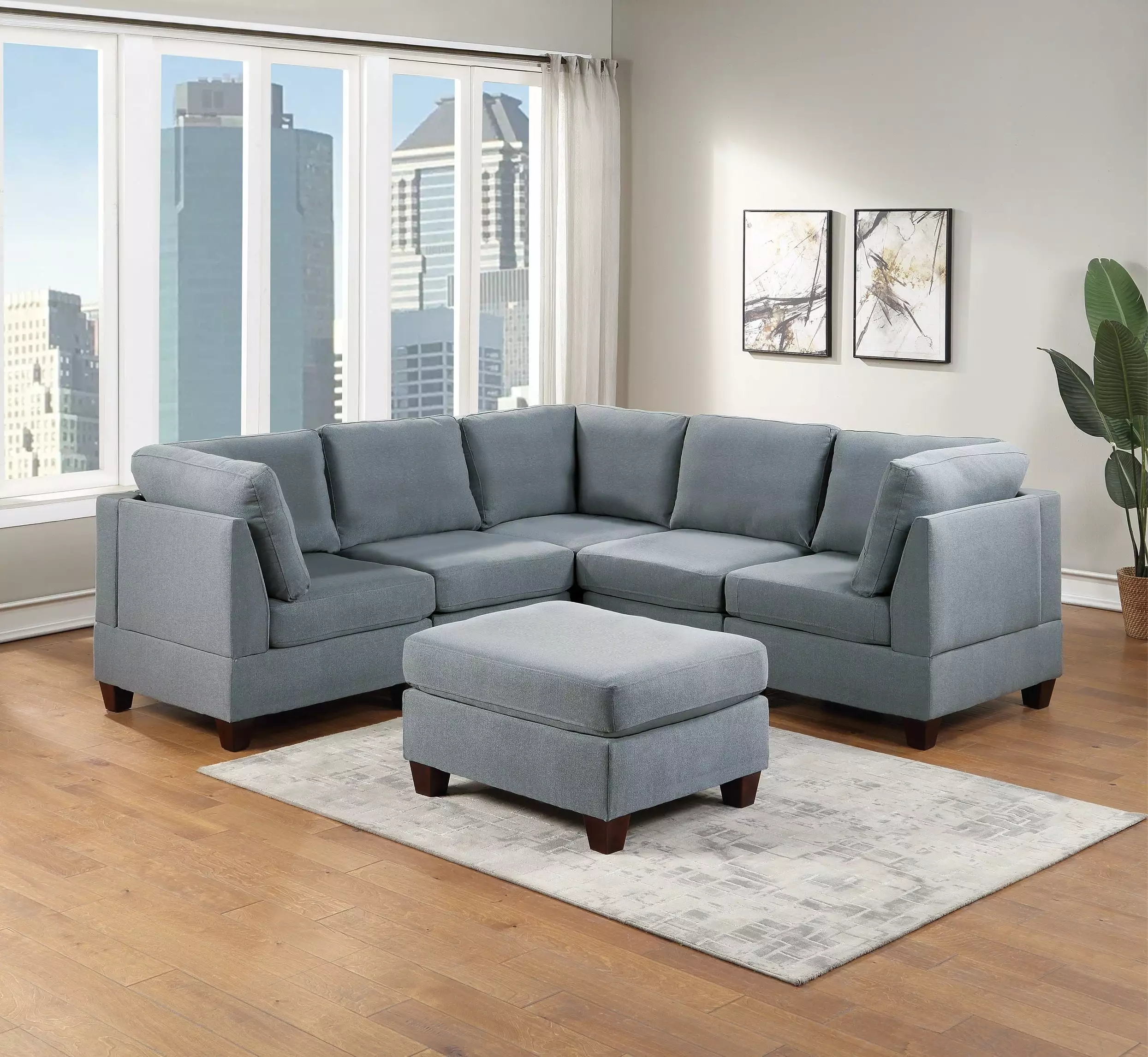 Ama Modular Sectional 6pc Set 3x Corner Wedge 2x Armless Chairs and 1x Ottoman Gray Go Green Woods