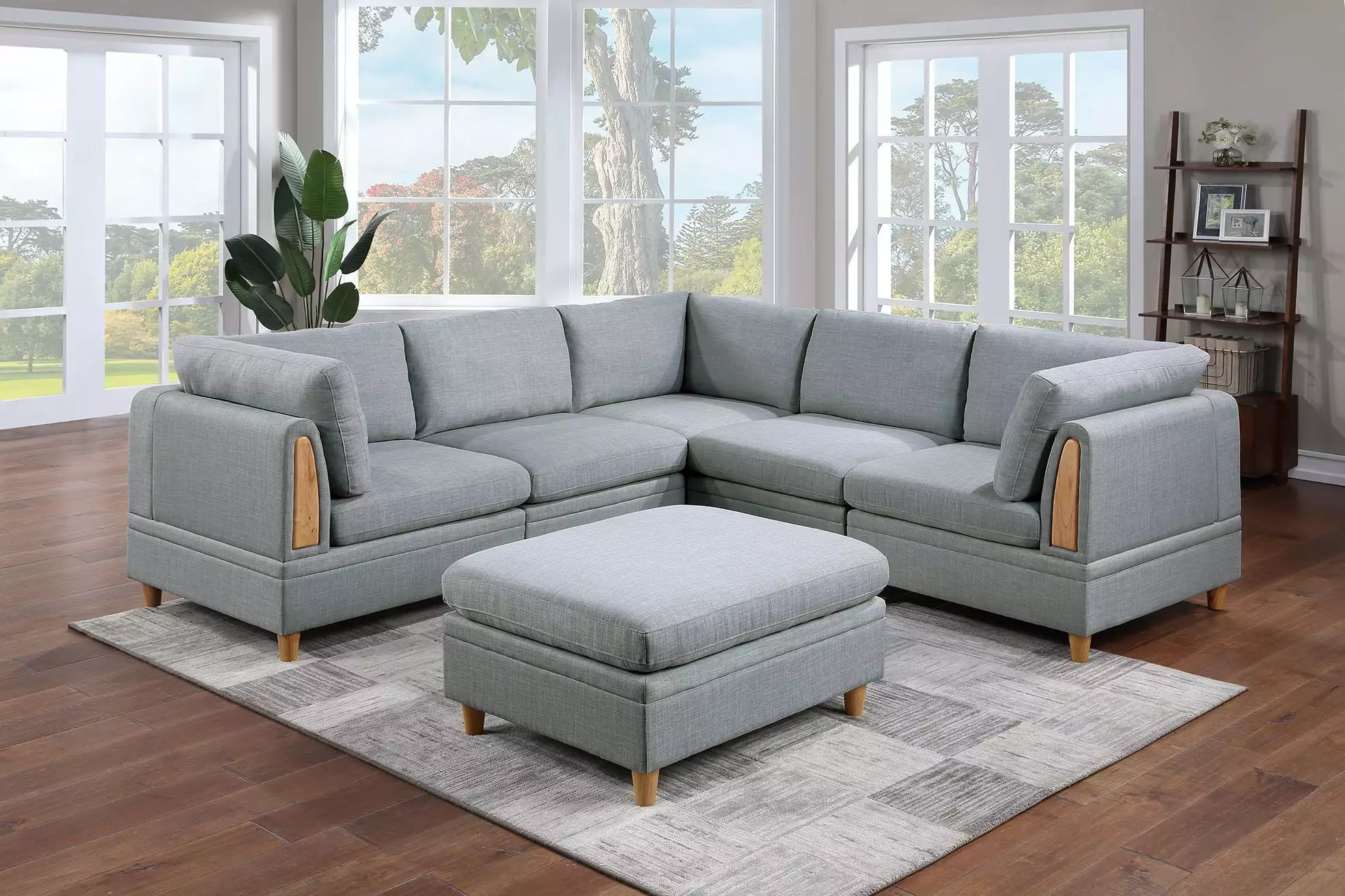Felix 6pc Modular Sectional Sofa Set 3 Corner Wedges 2 Armless Chairs and Ottoman Light Grey Go Green Woods