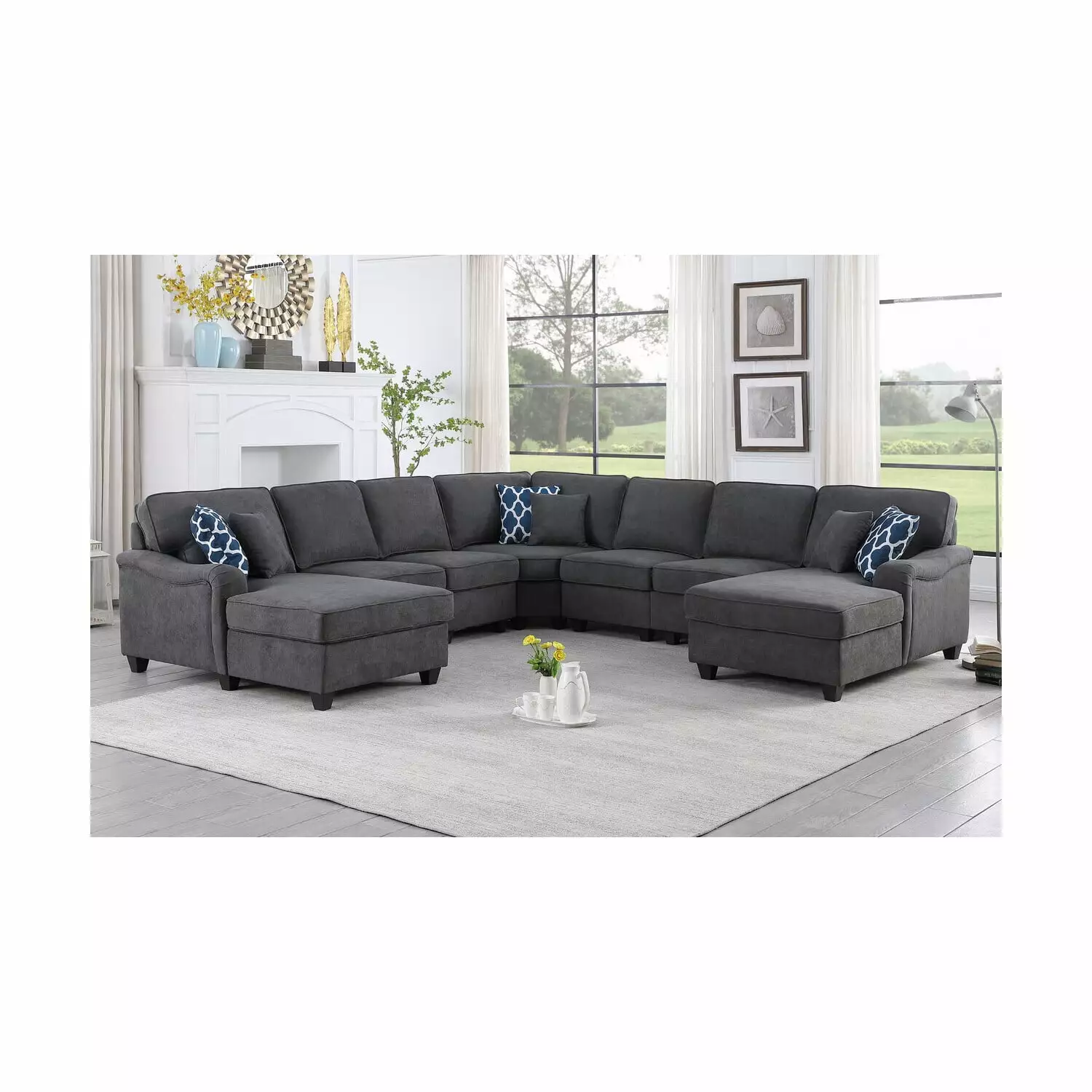 Homestock French Flair Dark Gray Woven Double Chaise 7Pc Modular Sectional Sofa Ottoman