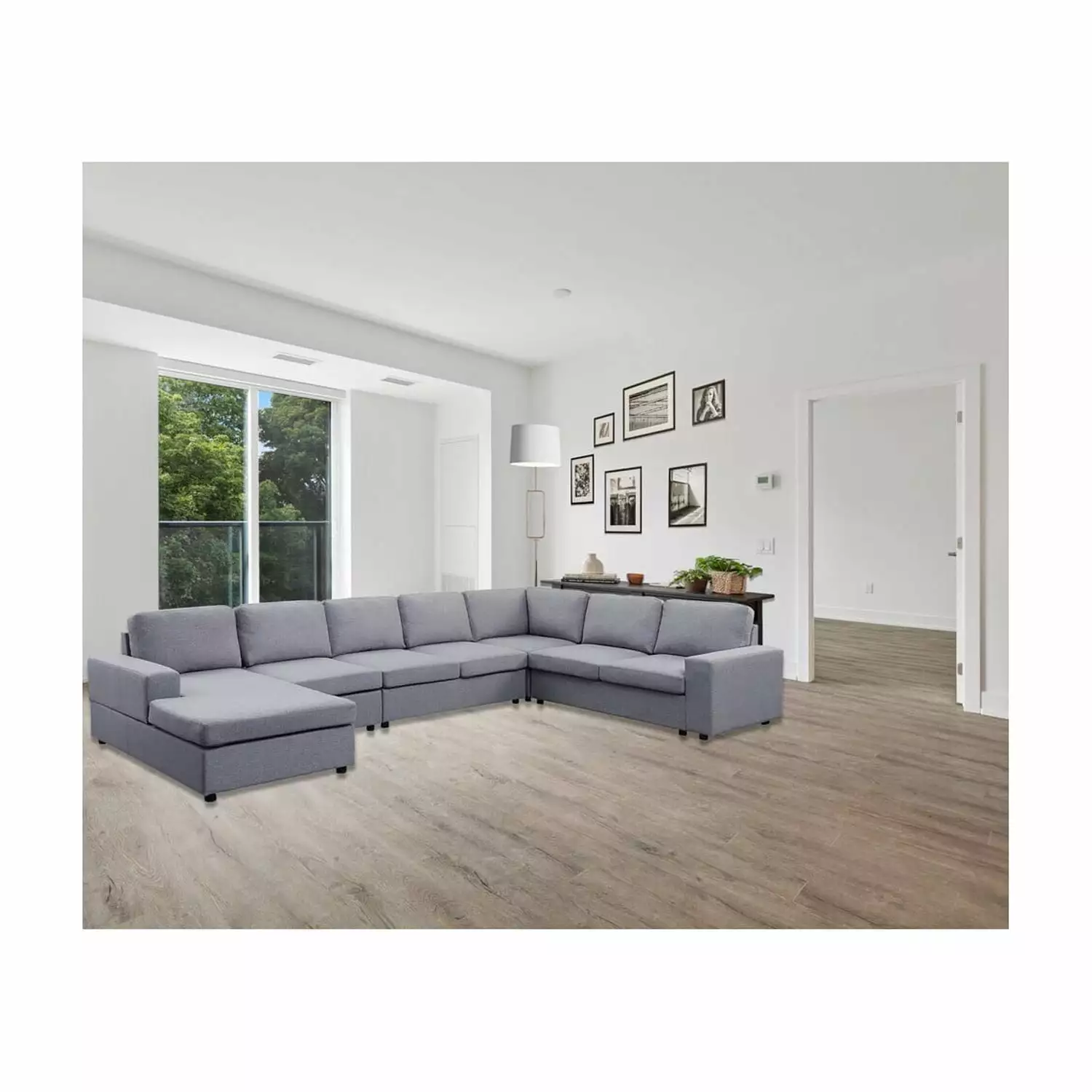 Homestock Medieval Moods Light Gray Linen 7 Seat Reversible Modular Sectional Sofa Chaise