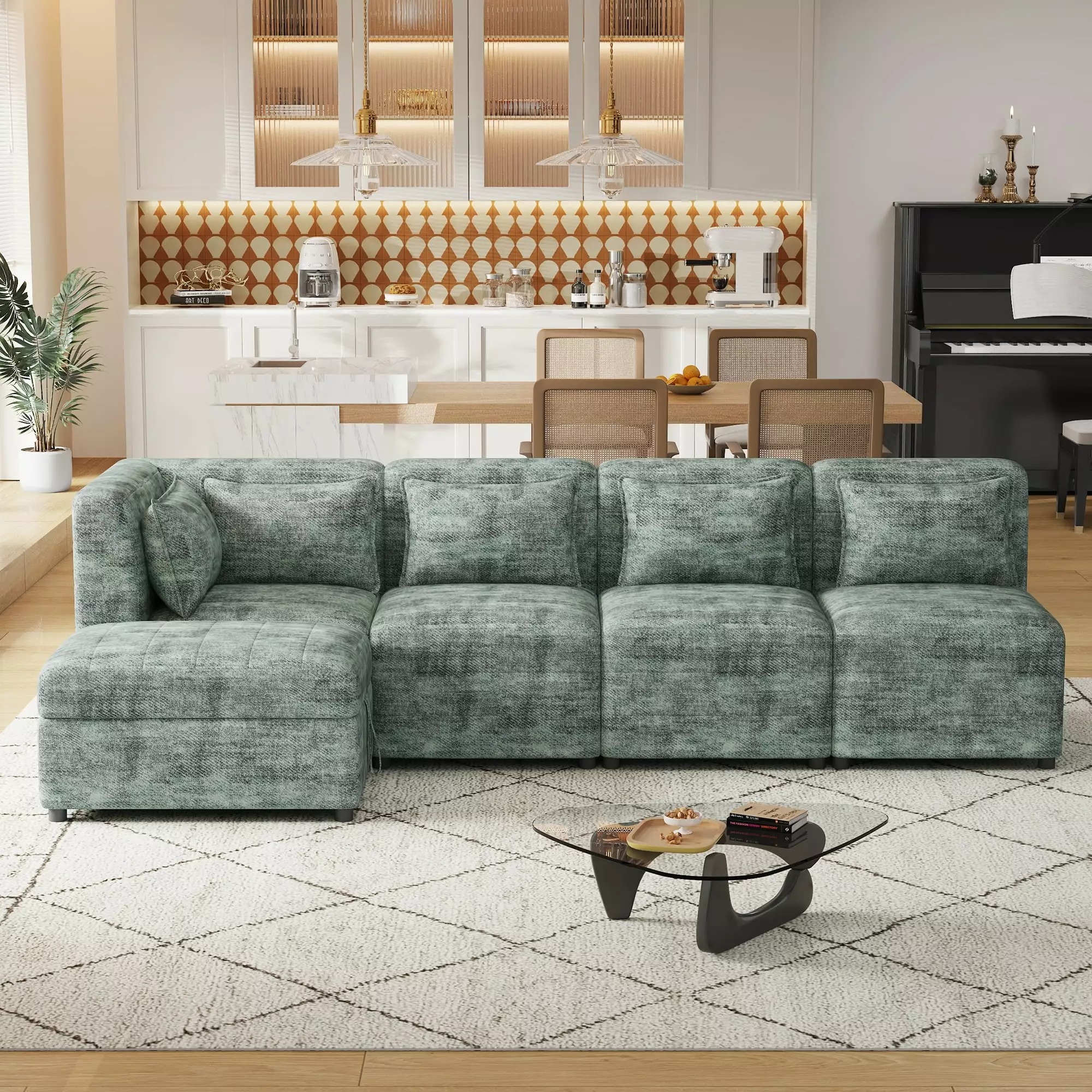 Free-Combined Sectional Sofa 5-Seater Modular Couch Storage Ottoman and 5 Pillows, Blue Green Living Room Sofa Jamini