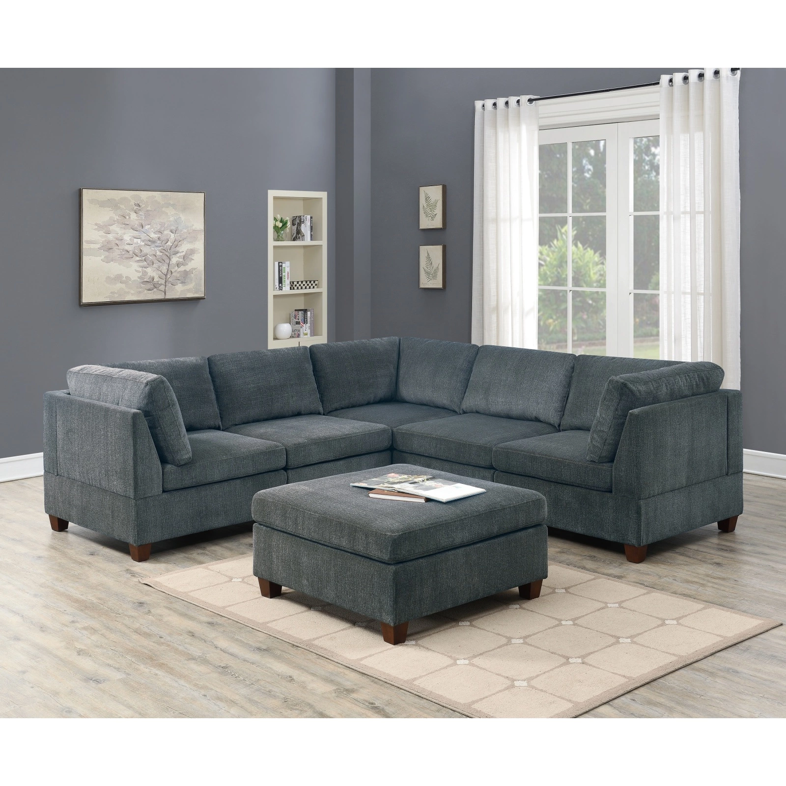 Miekor Furniture Grey Chenille Modular Sectional 6pc Set Corner Wedges and Ottoman Modern Living Room