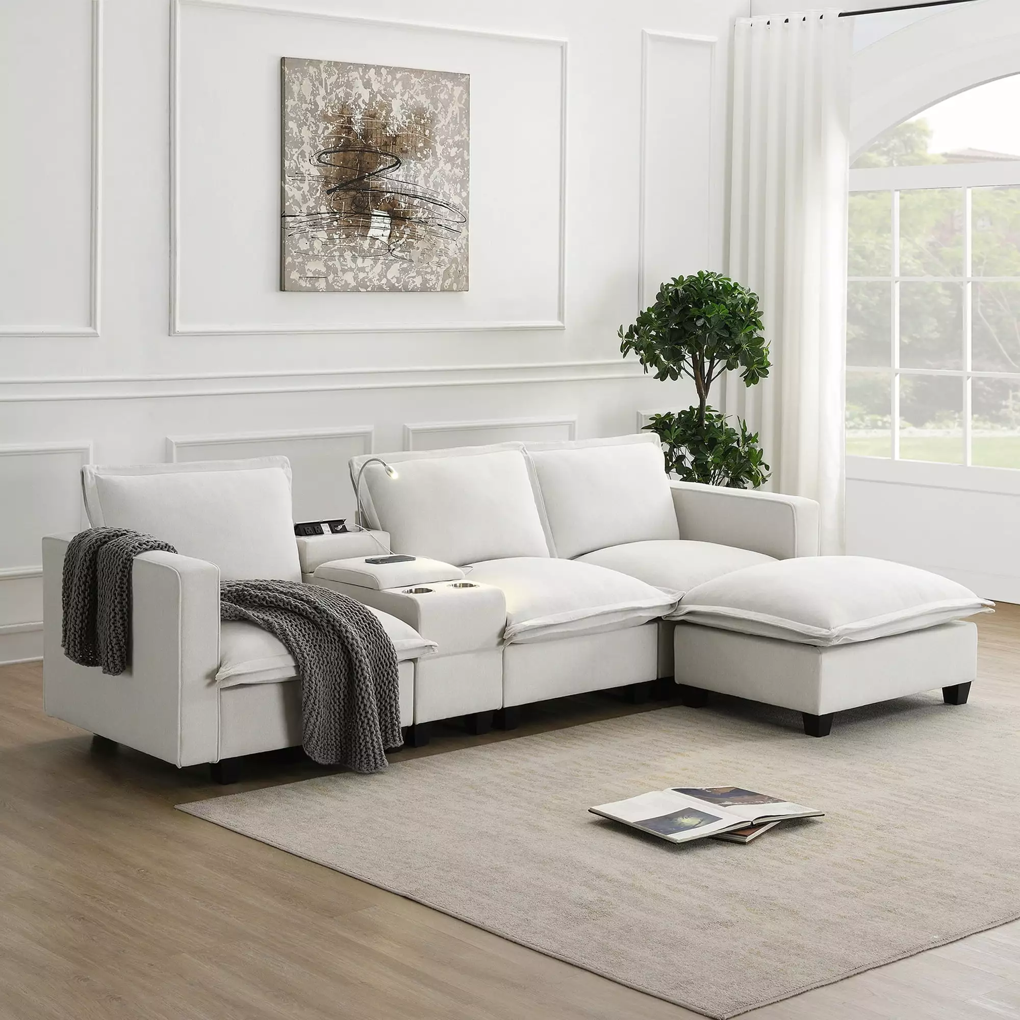 Modern Sectional Cloud Sofa Console, USB Charging Port, Reading Light, and Cup Holder, 4-Seat Chenille Modular Couch OMCCHK