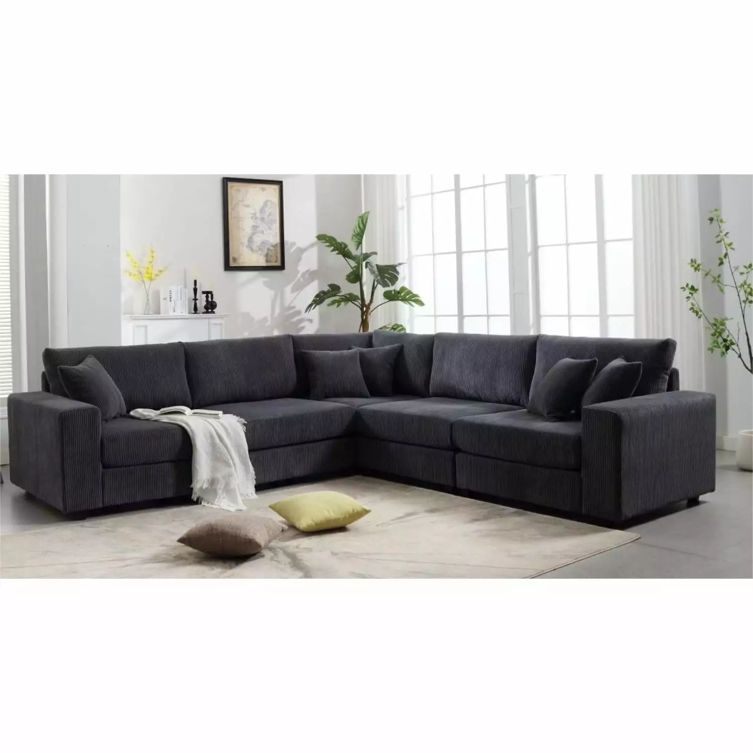Oversized Modular Sectional Sofa Couches Set Corduroy Upholstered Deep Seat Comfy Sofa Dark Gray 117.2'' Ponnky