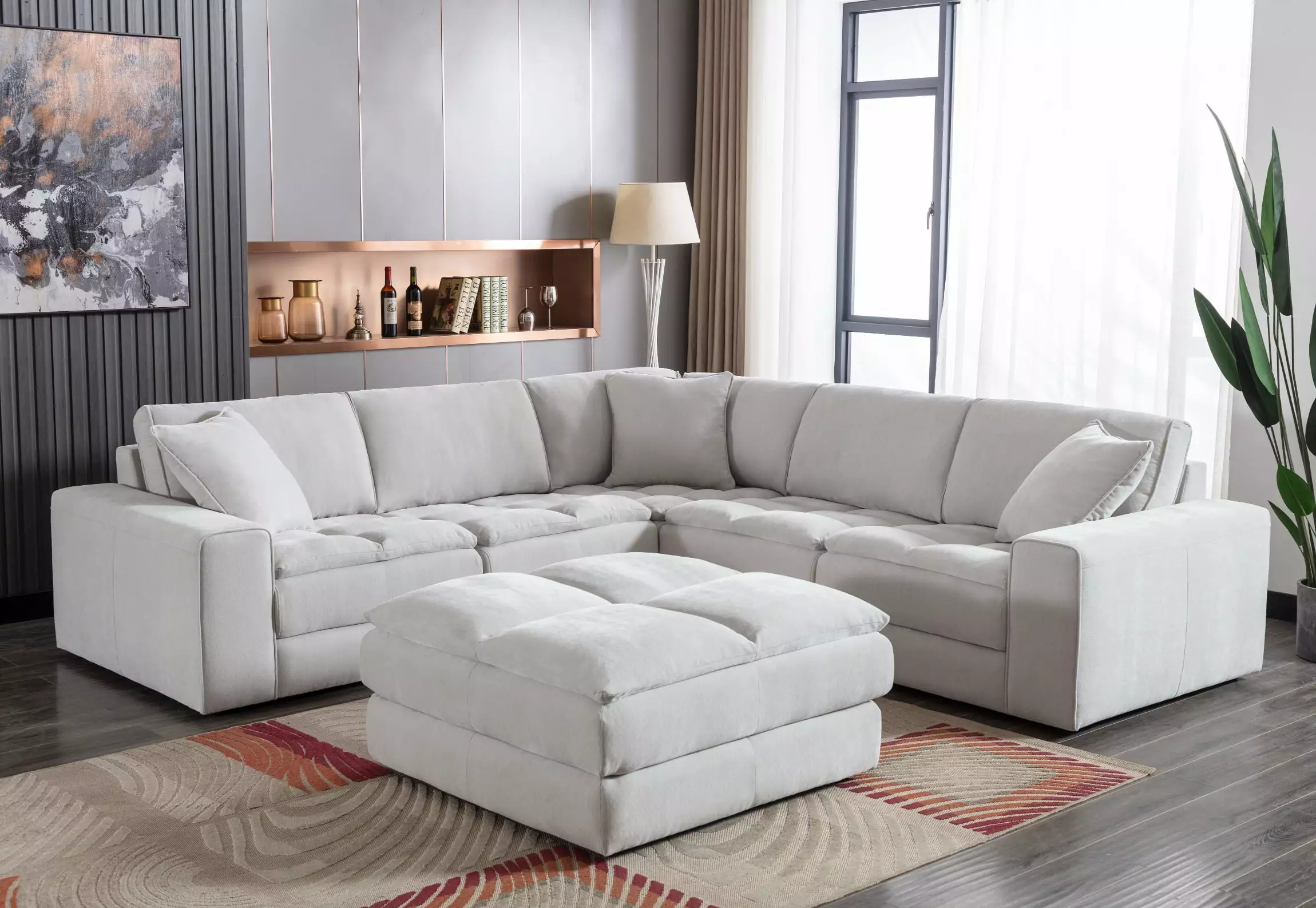 Roundhill Furniture Breton Contemporary 5-Piece Sectional Sofa Ottoman Comfortable Lounge Set