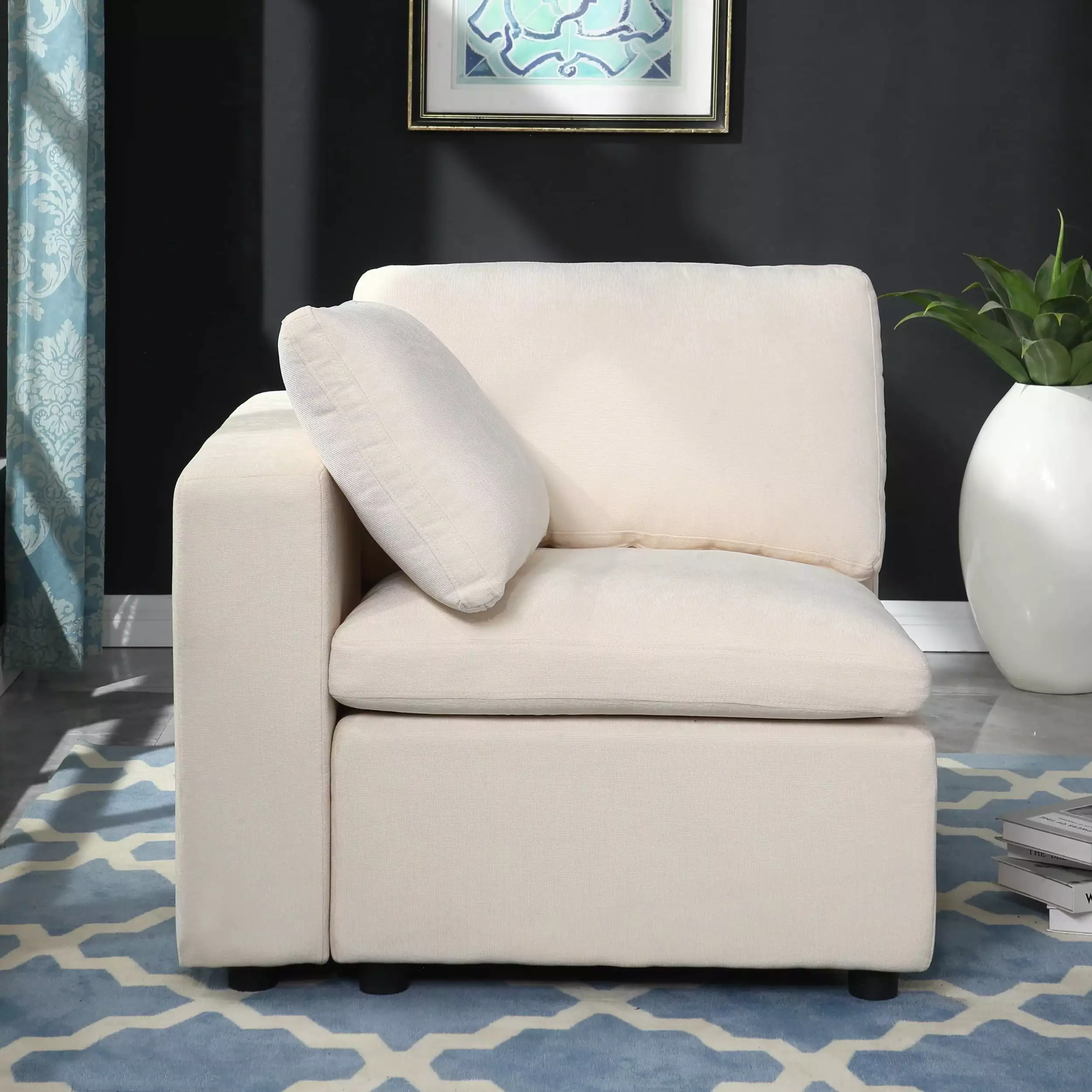 Modular Sectional Sofa Set Left Facing Armchair Chenille Beige Comfortable Lounge Furniture