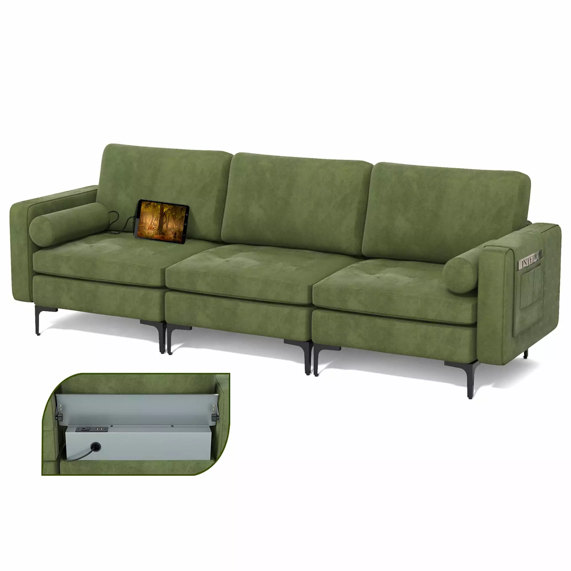 Costway Army Green Modular 3 Seat Sofa USB Ports and Side Storage