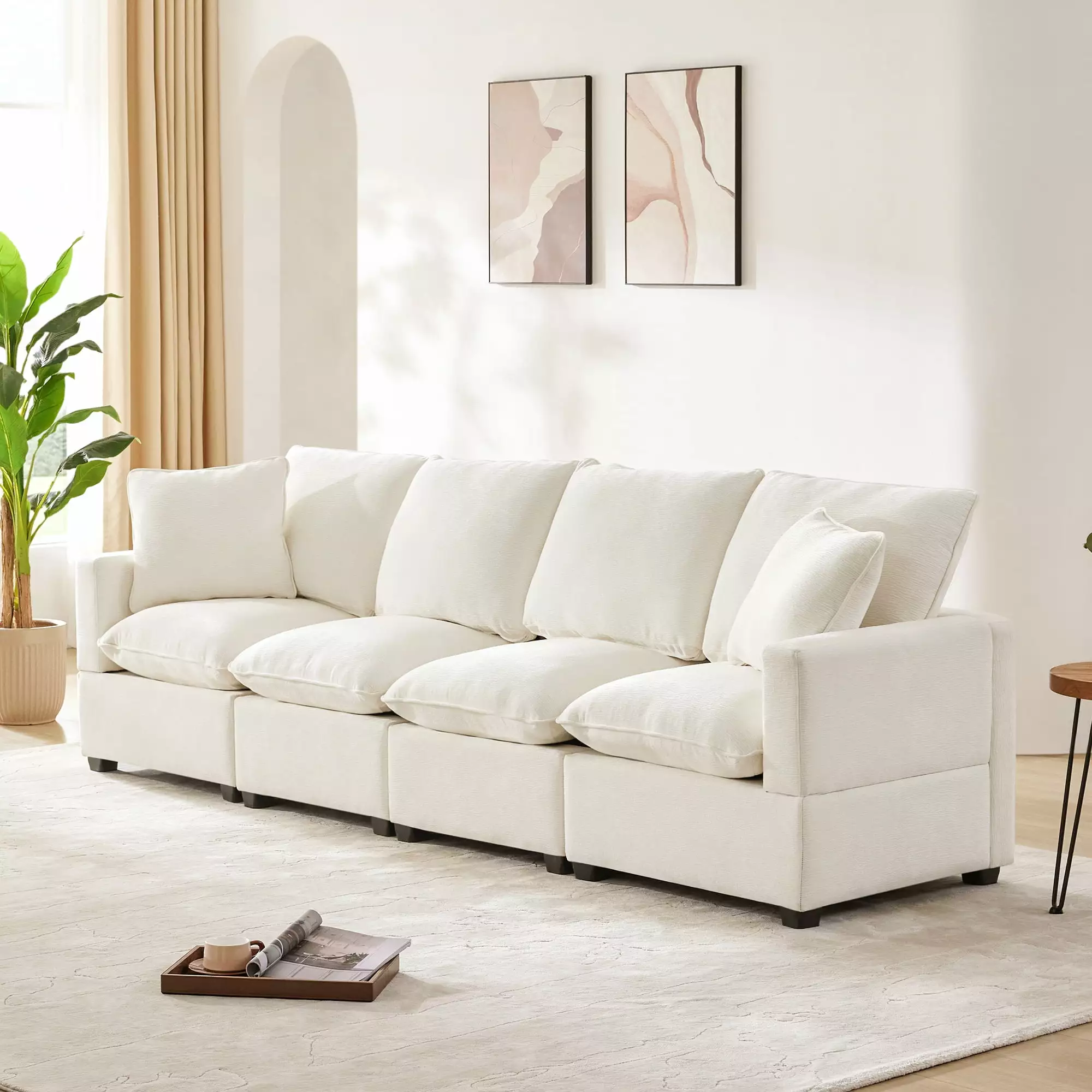 Modern Modular Sofa 4 Seat Chenille Sectional Couch Set 2 Pillows - Freely Combinable Ghislaine