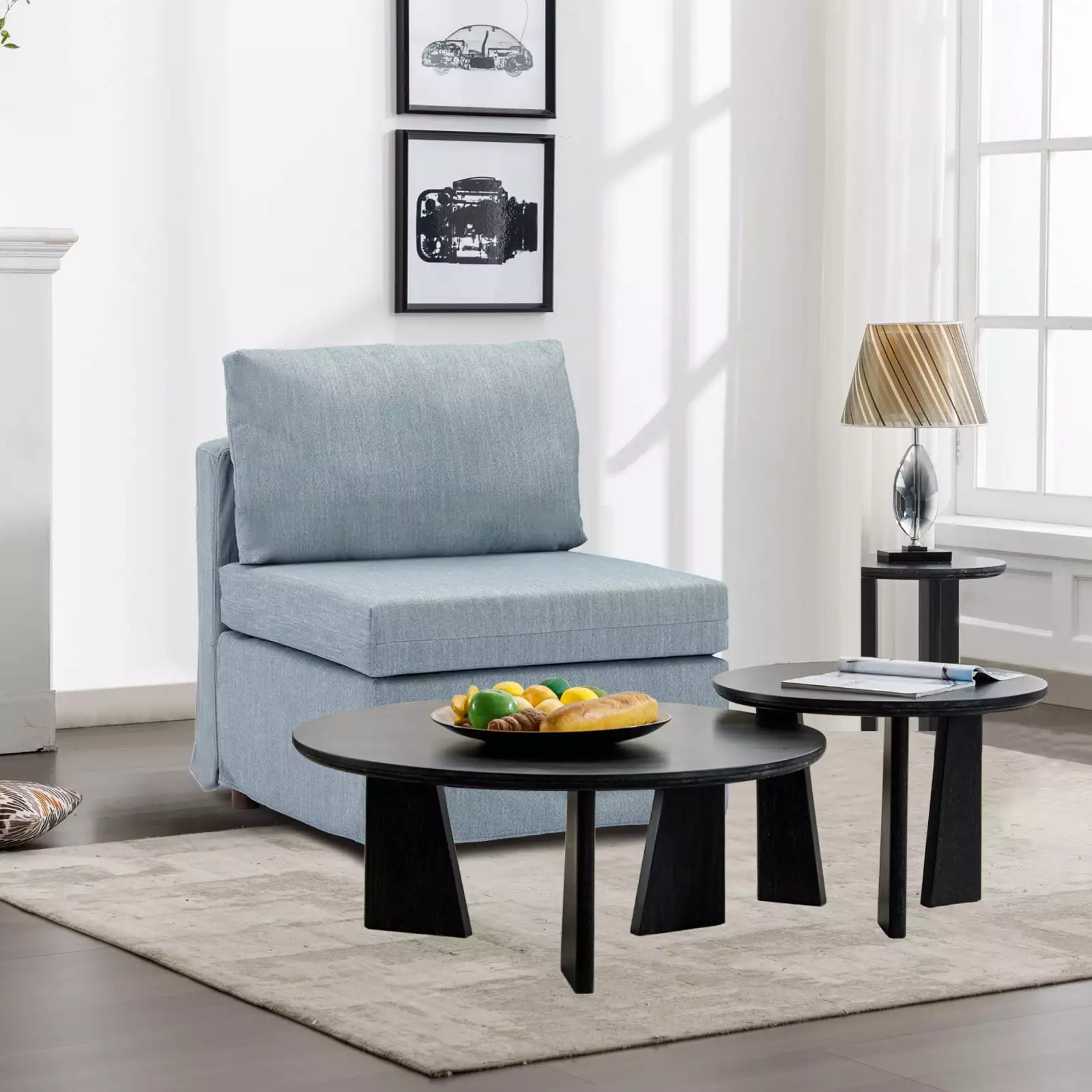 Miekor Furniture Modern Fabric Linen Middle Module Modular Sofa Light Blue Removable Cushion