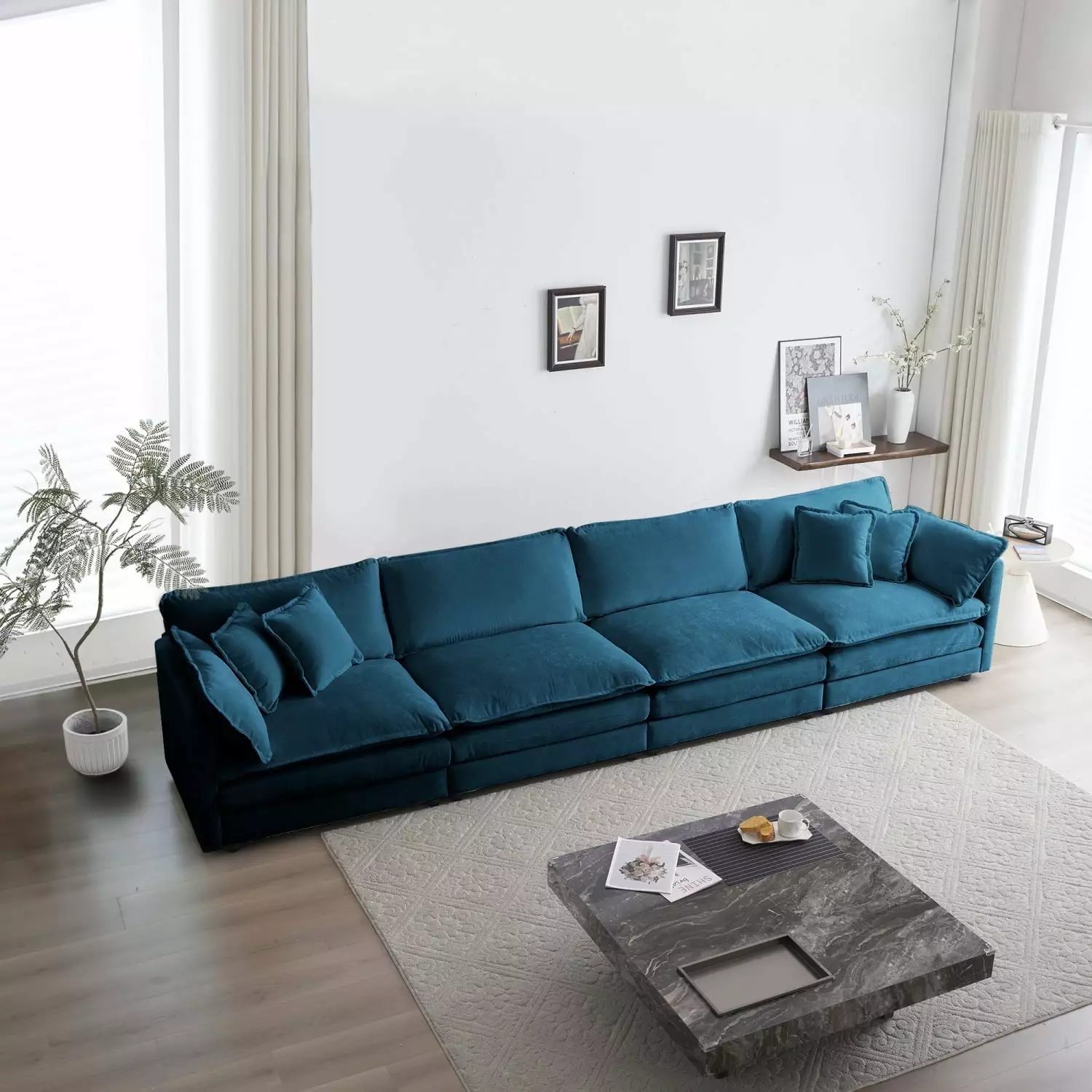 Versatile 4-Seater Modular Sofa Comfy Chenille Fabric Stylish Blue Chenille Design Ponnky