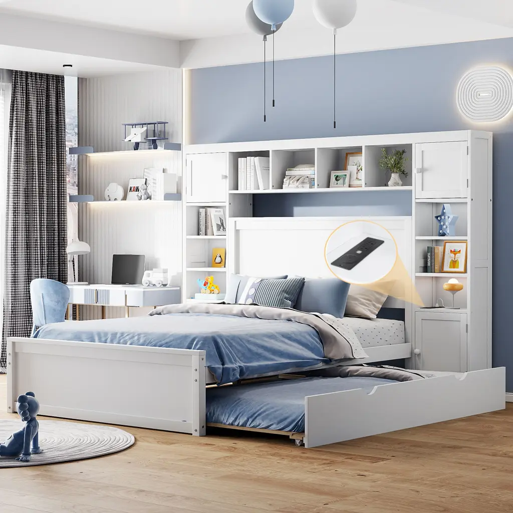 Full Size Wooden Bed All One Cabinet Shelf And USB Sockets Twin Storage lucky furniture
