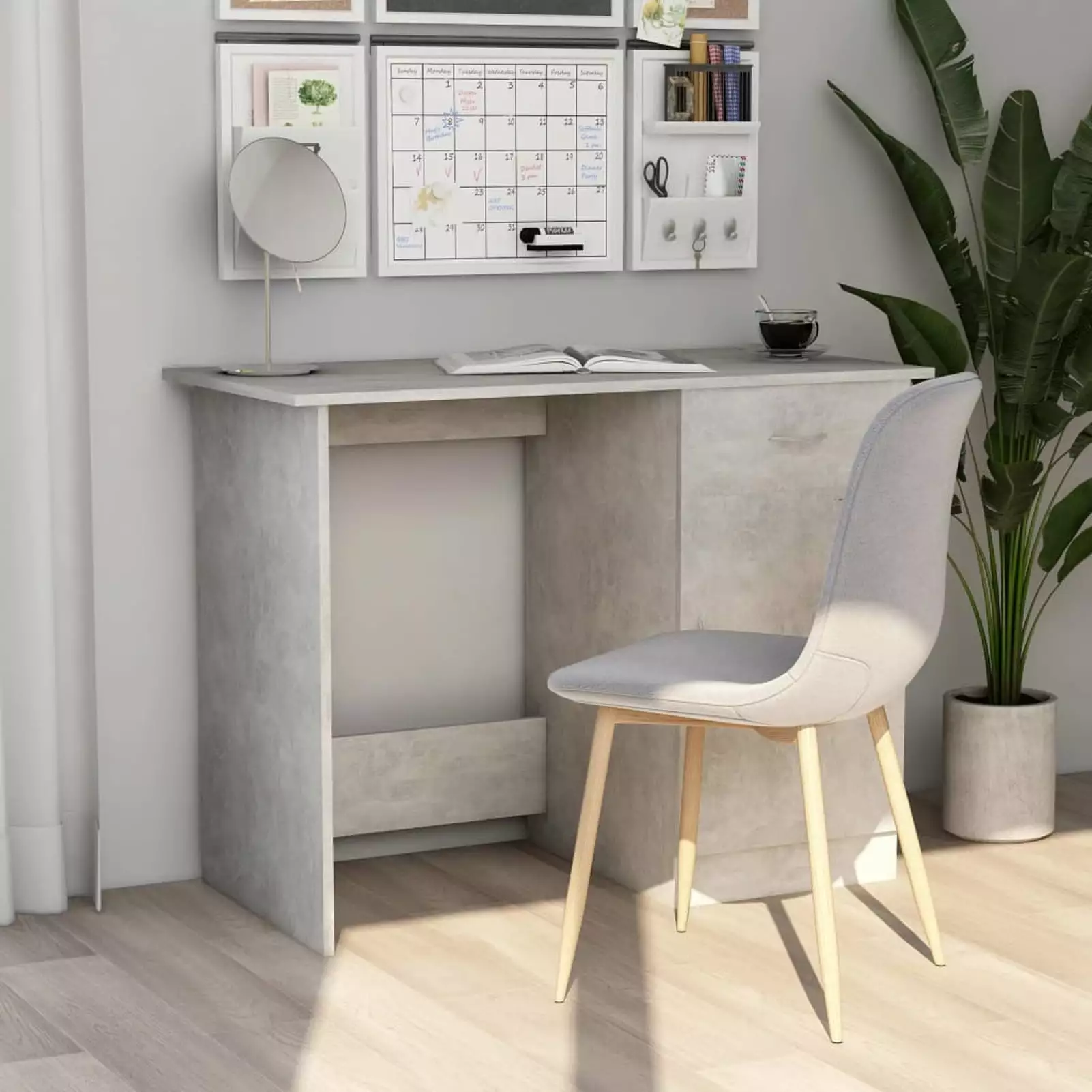 Anself Computer Desk Storage Drawer and Door Cabinet Chipboard Writing Desk Multifunctional Workstation Concrete Gray