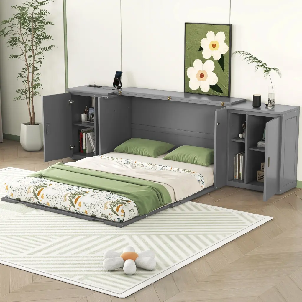 Queen Size Murphy Bed Shelves, Cabinets and USB Ports, Gray lucky furniture