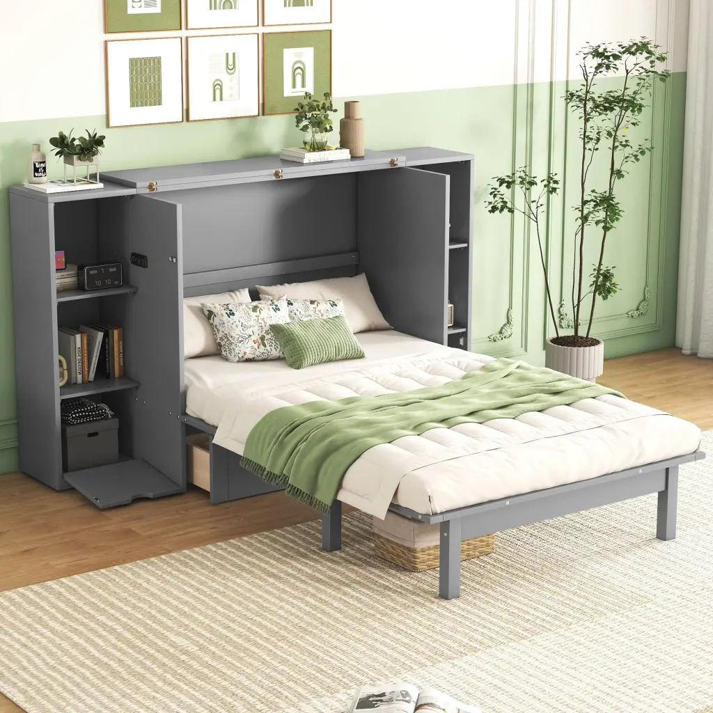 Queen Size Murphy Bed Shelves Drawers and USB Ports Gray MDF lucky furniture